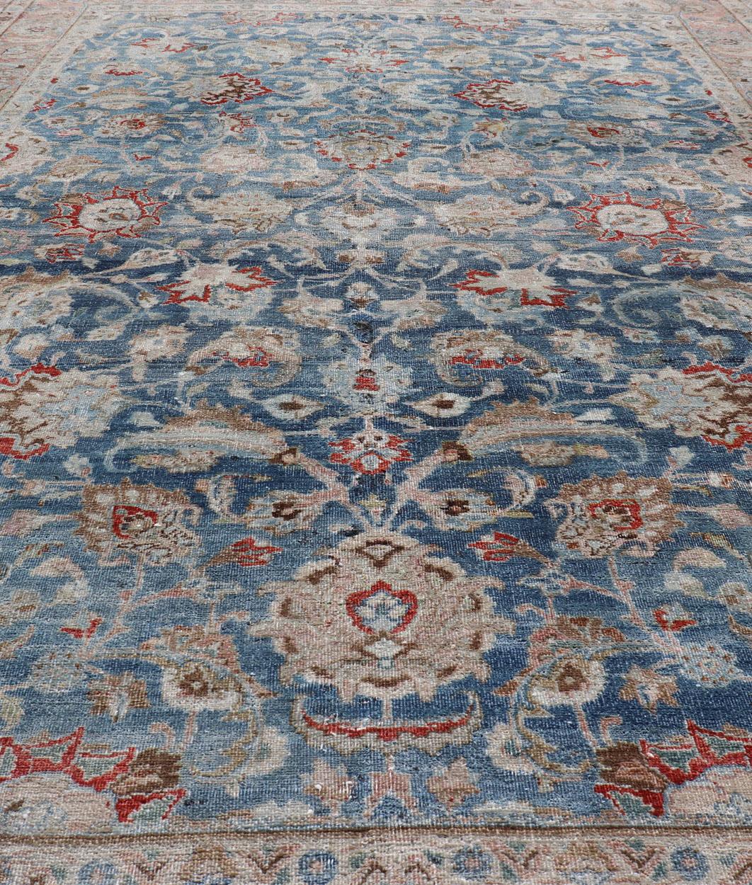 Antique Persian Mashad with Medium in Boteh Blue Background, Salmon Border For Sale 9