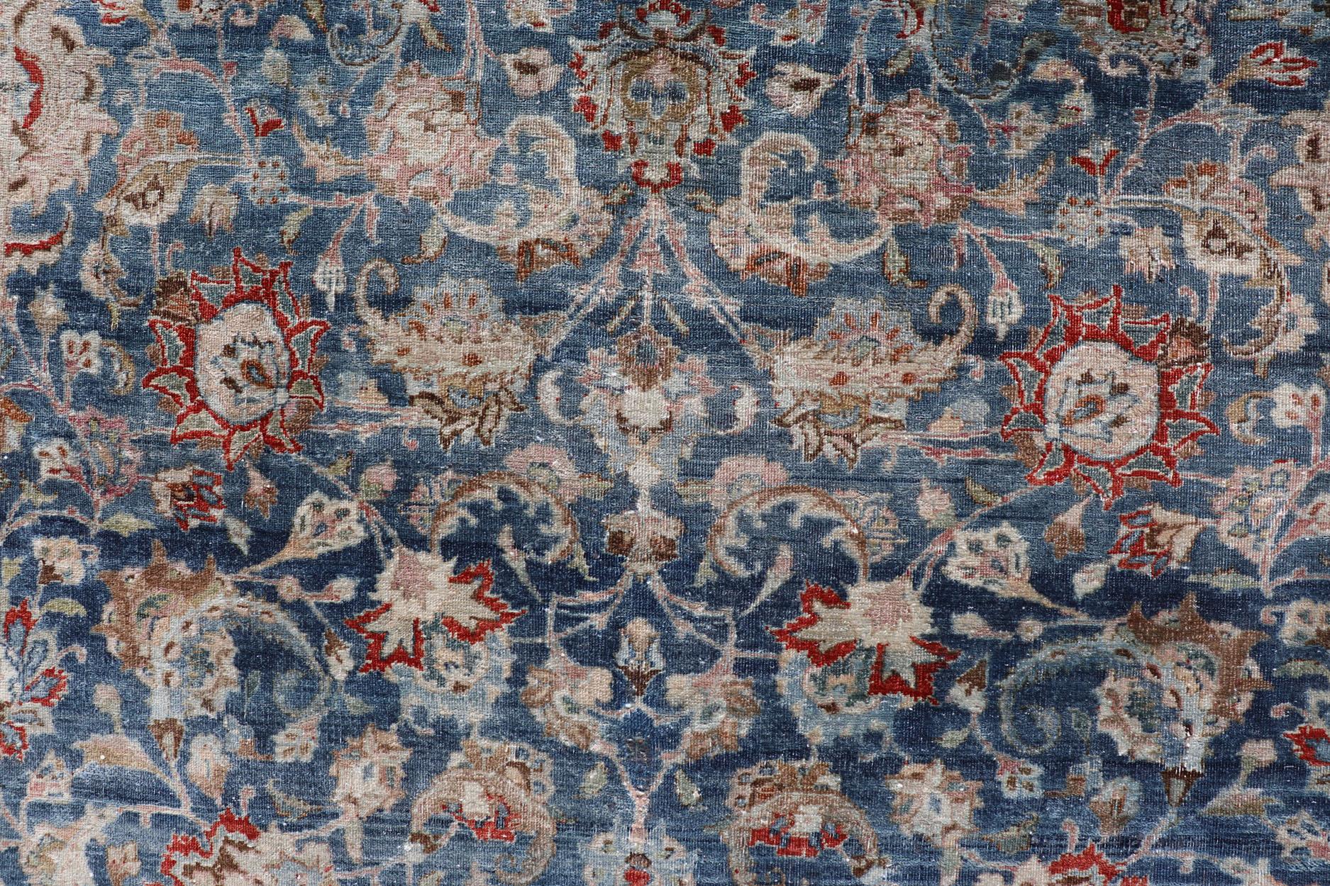 Antique Persian Mashad with Medium in Boteh Blue Background, Salmon Border For Sale 10