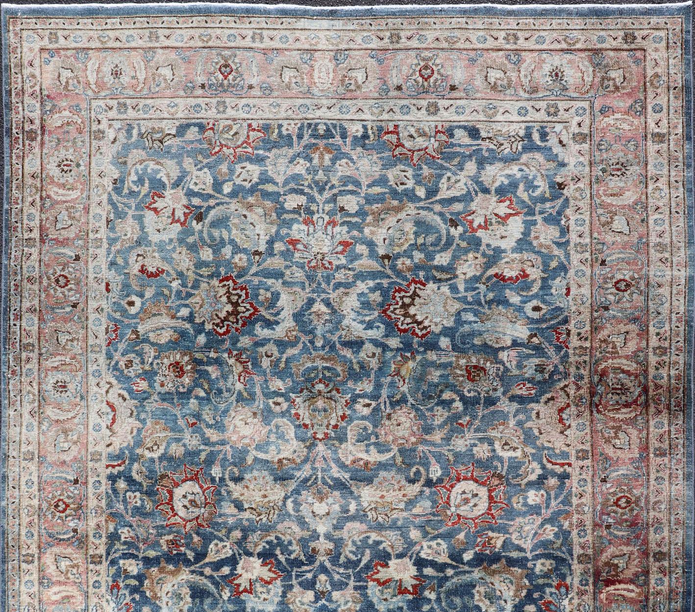 Tabriz Antique Persian Mashad with Medium in Boteh Blue Background, Salmon Border For Sale