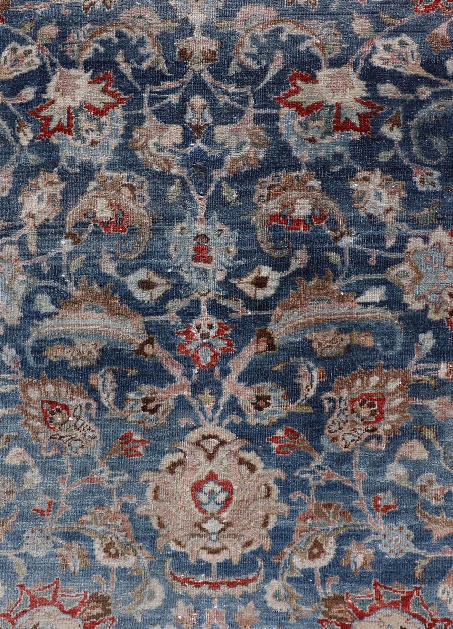 Antique Persian Mashad with Medium in Boteh Blue Background, Salmon Border For Sale 2