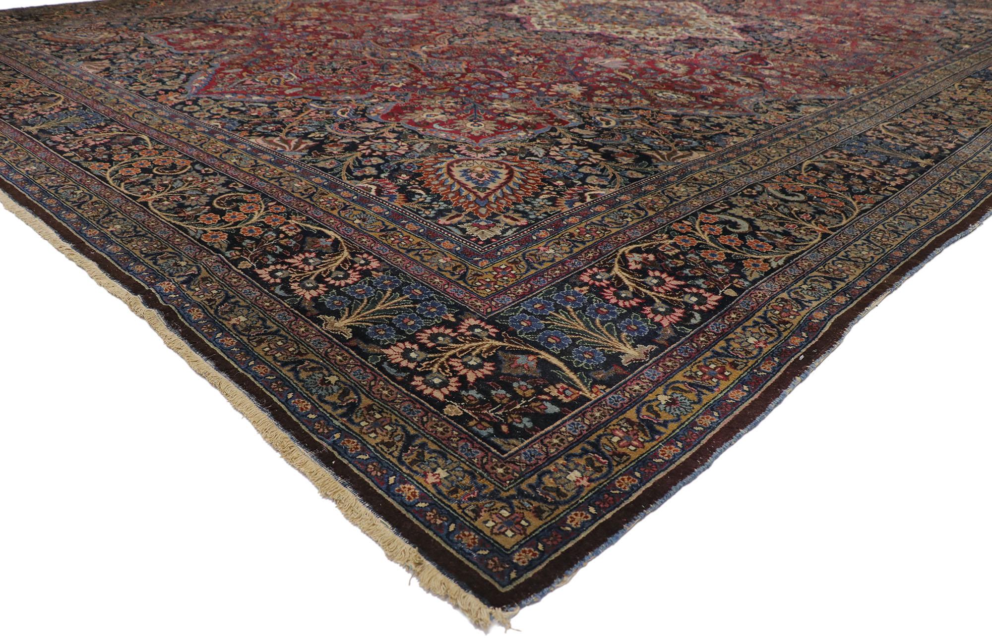76601, antique Persian Mashhad palace rug with old world Luxe Victorian style 13'01 x 18'11. Rich in color, texture and beguiling ambiance, this hand-knotted wool antique Persian Mashhad palace rug beautifully displays timeless elegance and regal