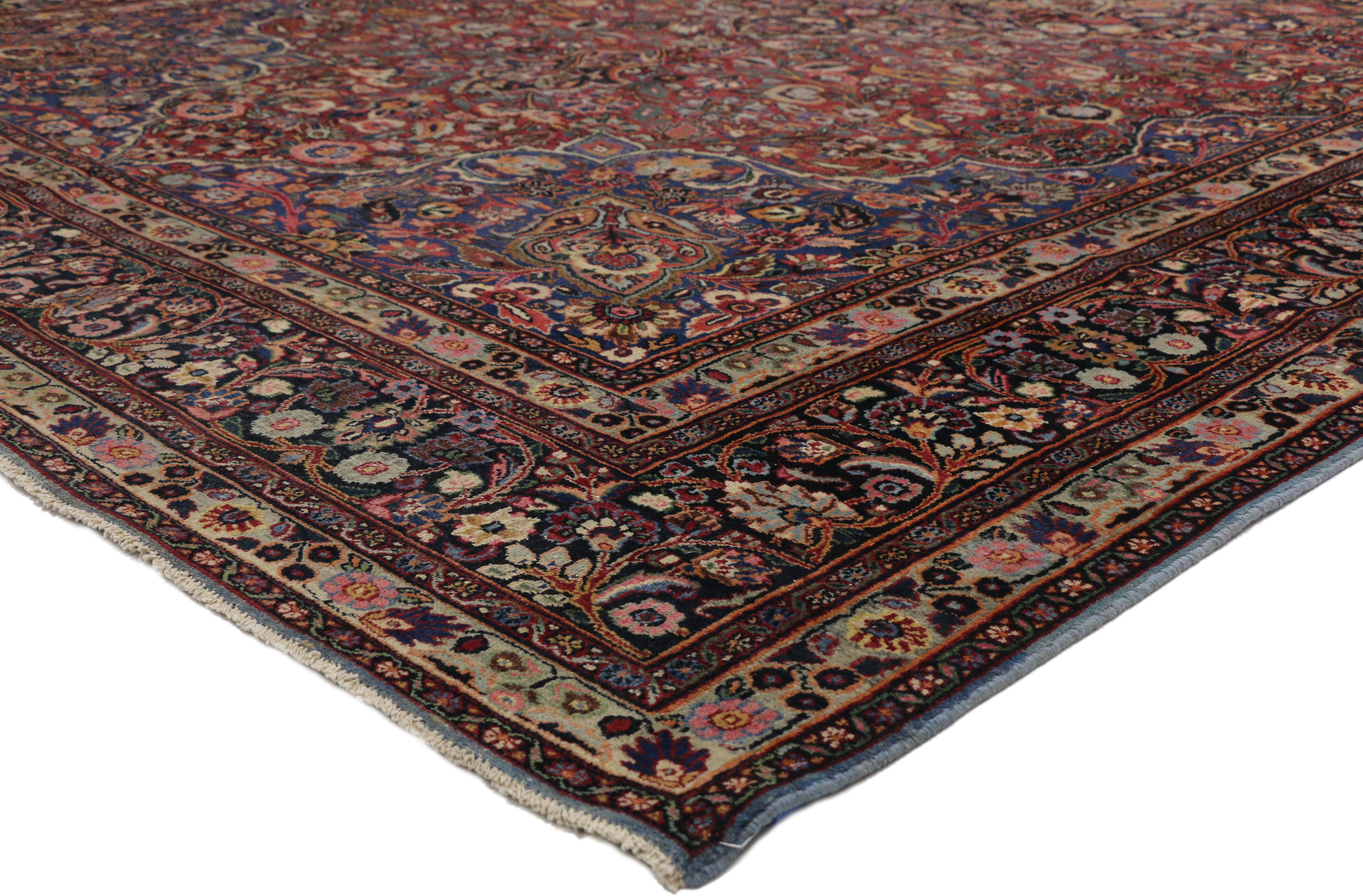 73733 Antique Persian Mashhad Rug, 10'05 x 17'02. Originating from the northeastern city of Mashhad in Iran, Mashhad rugs embody the pinnacle of artistic mastery and craftsmanship. Revered for their intricate designs and flawless execution, these