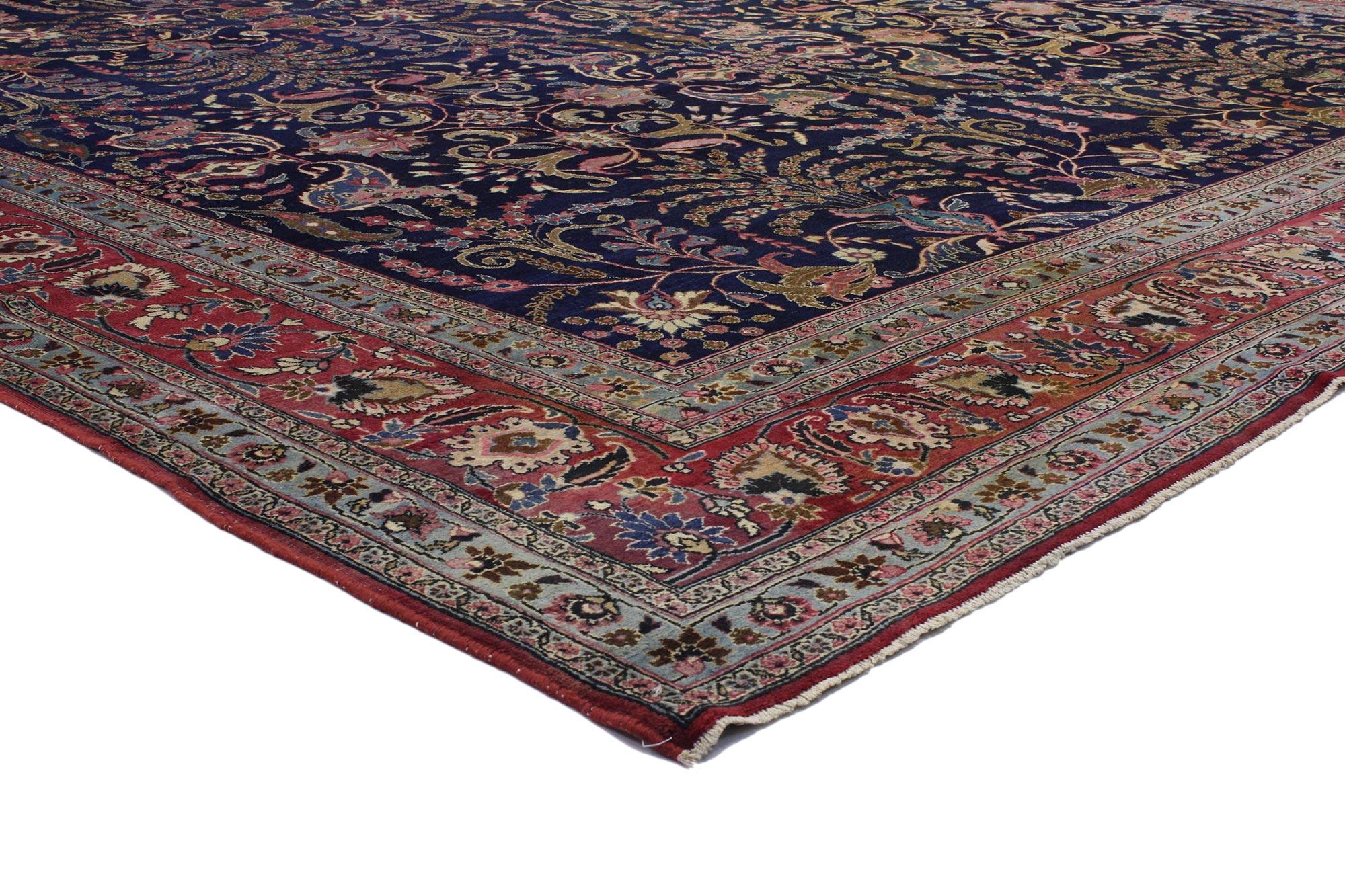 71738 Antique Persian Mashhad Room Size Rug with Modern Victorian Style. An excellent representation of Persian culture from the 19th century, this captivating Persian Mashhad rug with traditional modern style exhibits impeccable quality and old