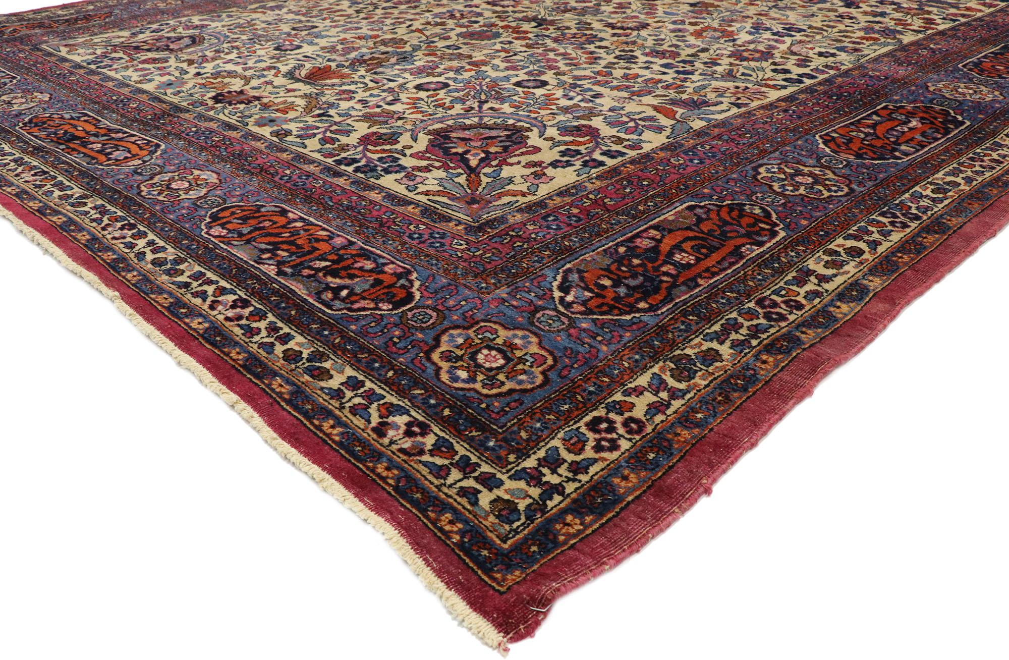 72026 Antique Persian Mashhad Rug with Traditional Style, Persian Palace Size Rug. With a beautiful fusion of rich Venetian colors and Modern Victorian style, this hand-knotted wool antique Persian Mashhad palace rug  is designed to impress. The