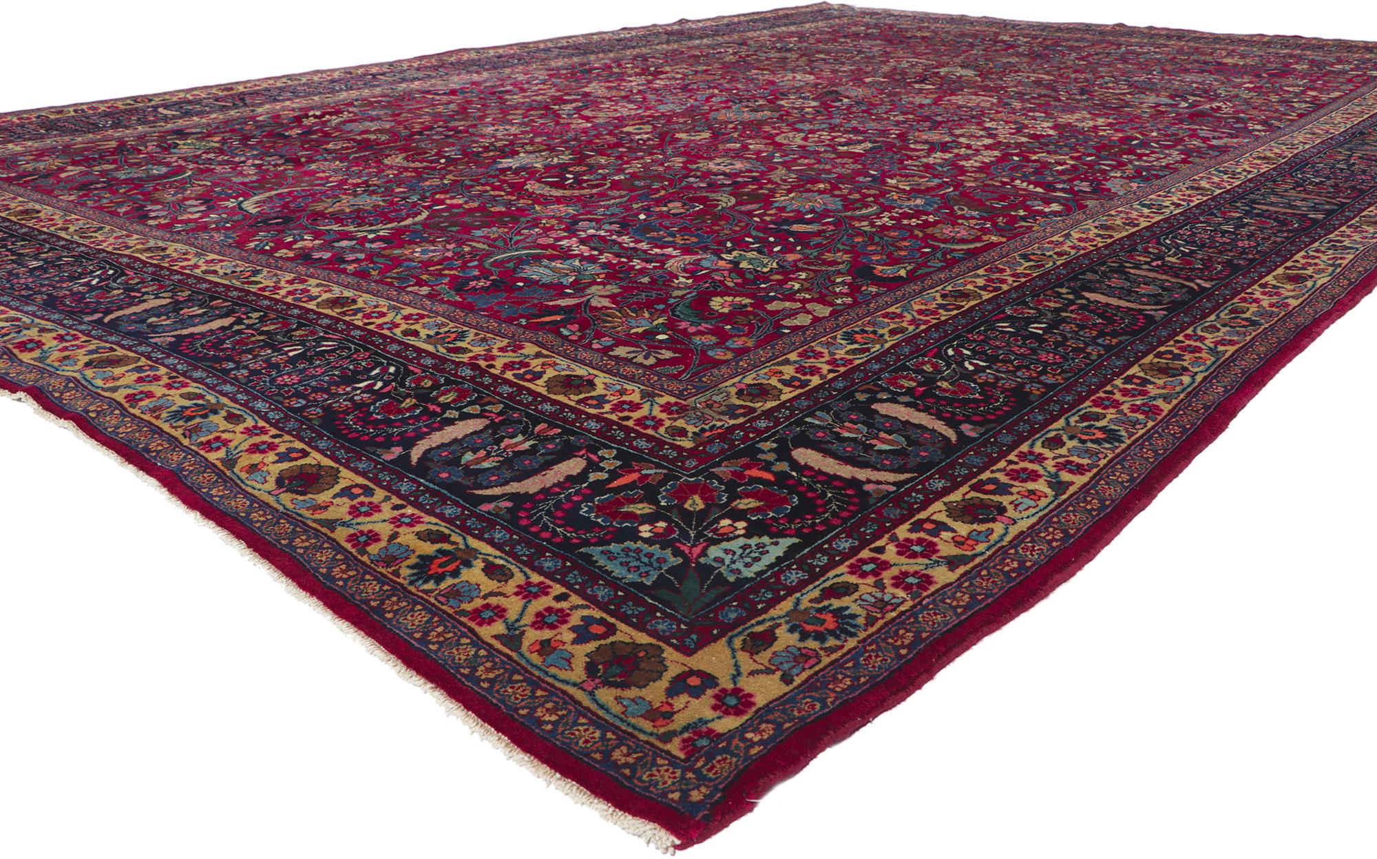 61174 Antique Persian Mashhad Rug, 10'11 x 15'11.
With its beguiling beauty, incredible detail and texture, this hand knotted wool antique Persian Mashhad rug is a captivating vision of woven beauty. The timeless botanical design and refined color