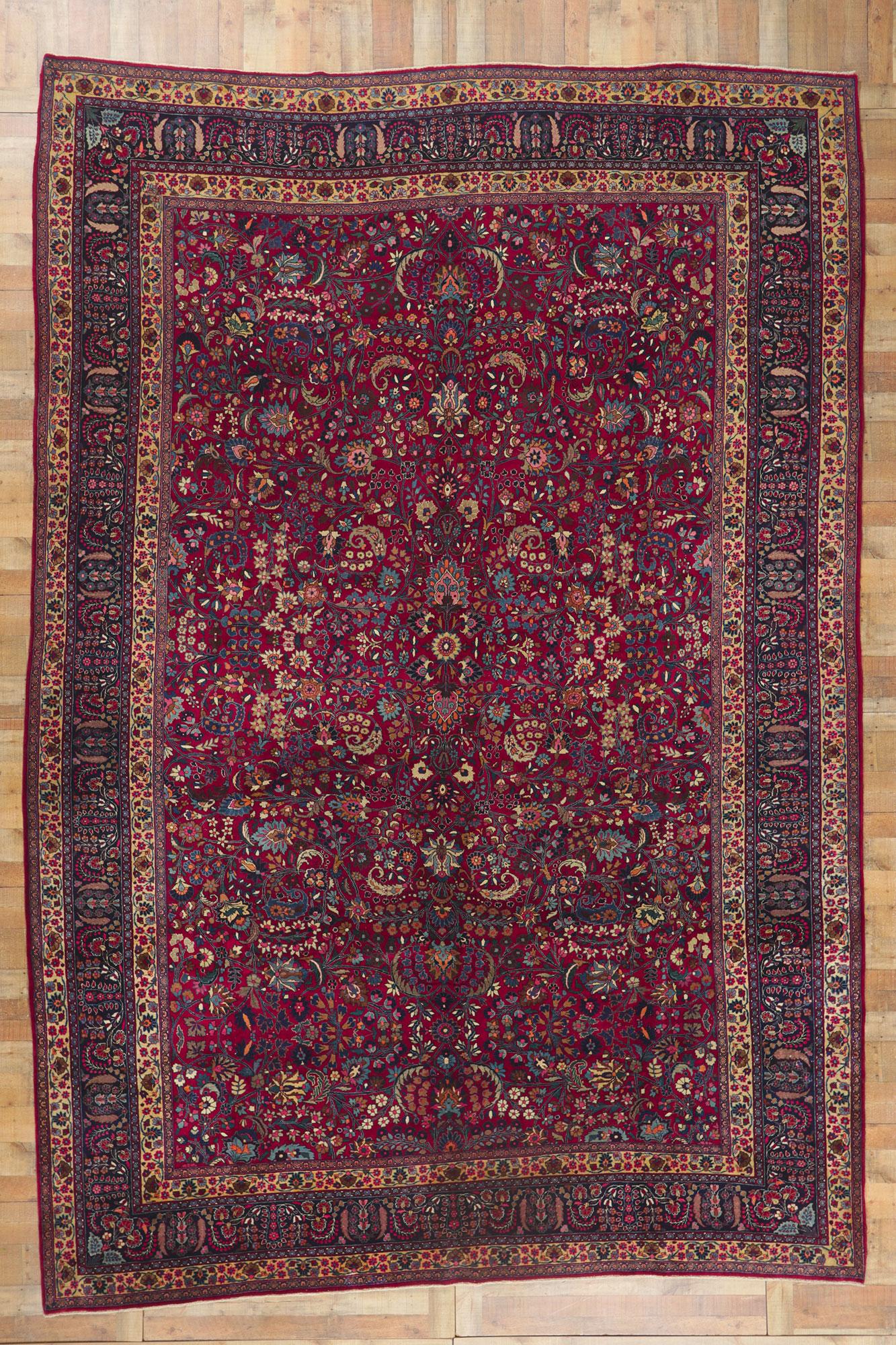 Kashan Antique Persian Mashhad Rug, Refined Elegance Meets Beguiling Decadence For Sale