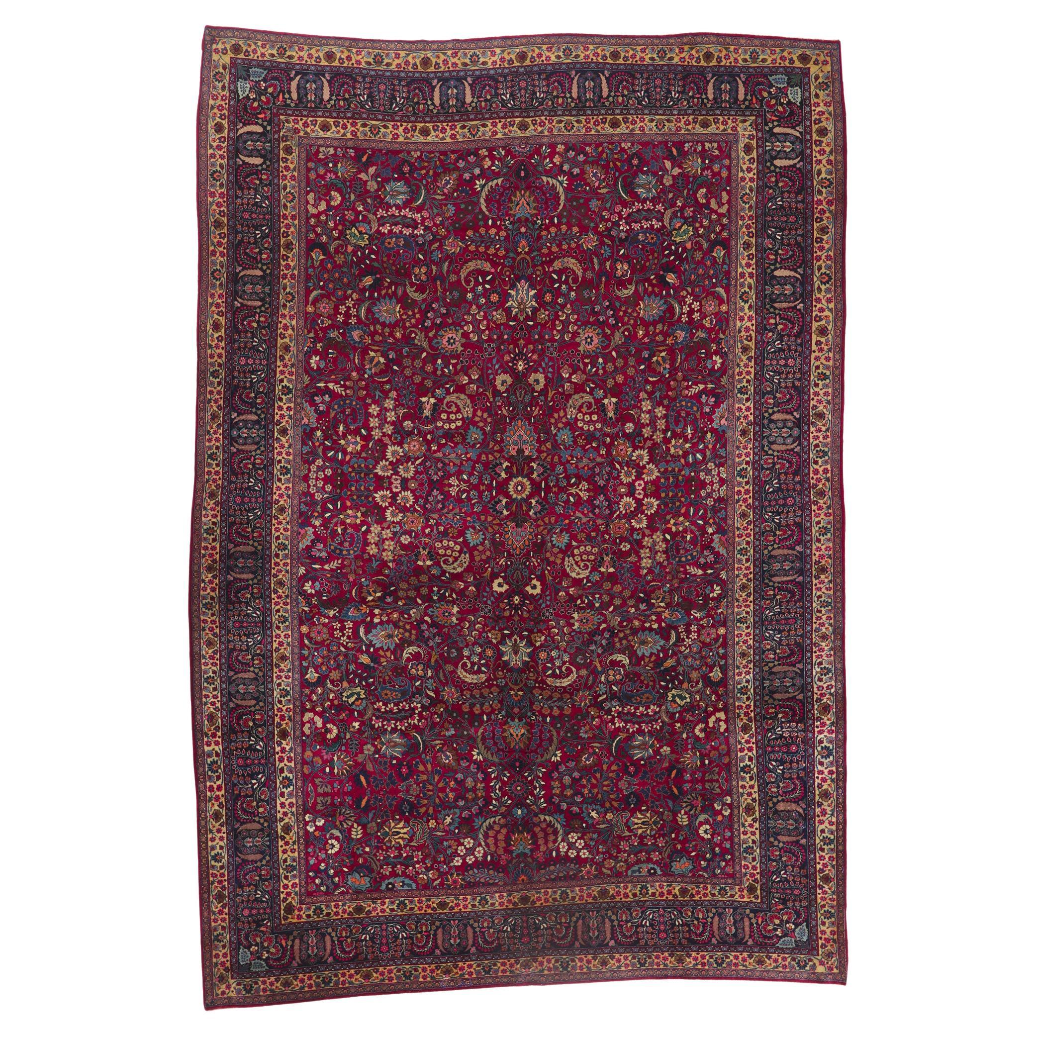 Antique Persian Mashhad Rug, Refined Elegance Meets Beguiling Decadence For Sale