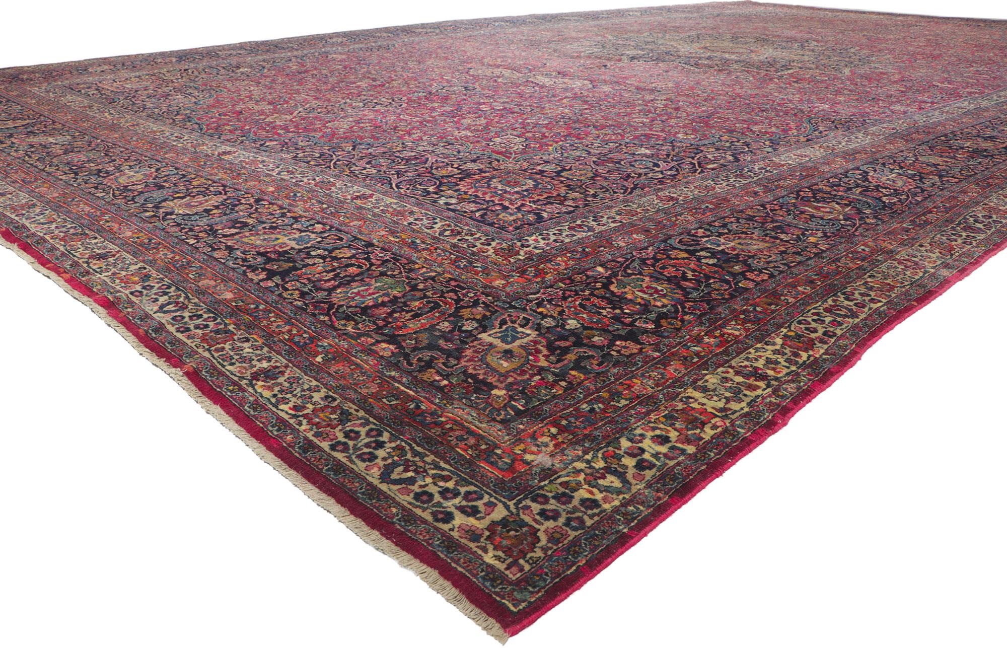 78415 antique Persian Mashhad rug, 14'03 x 24'08. ???With its palatial dimensions, incredible detail and texture, this hand knotted wool antique Persian Mashhad rug is a captivating vision of woven beauty. The timeless botanical design and refined