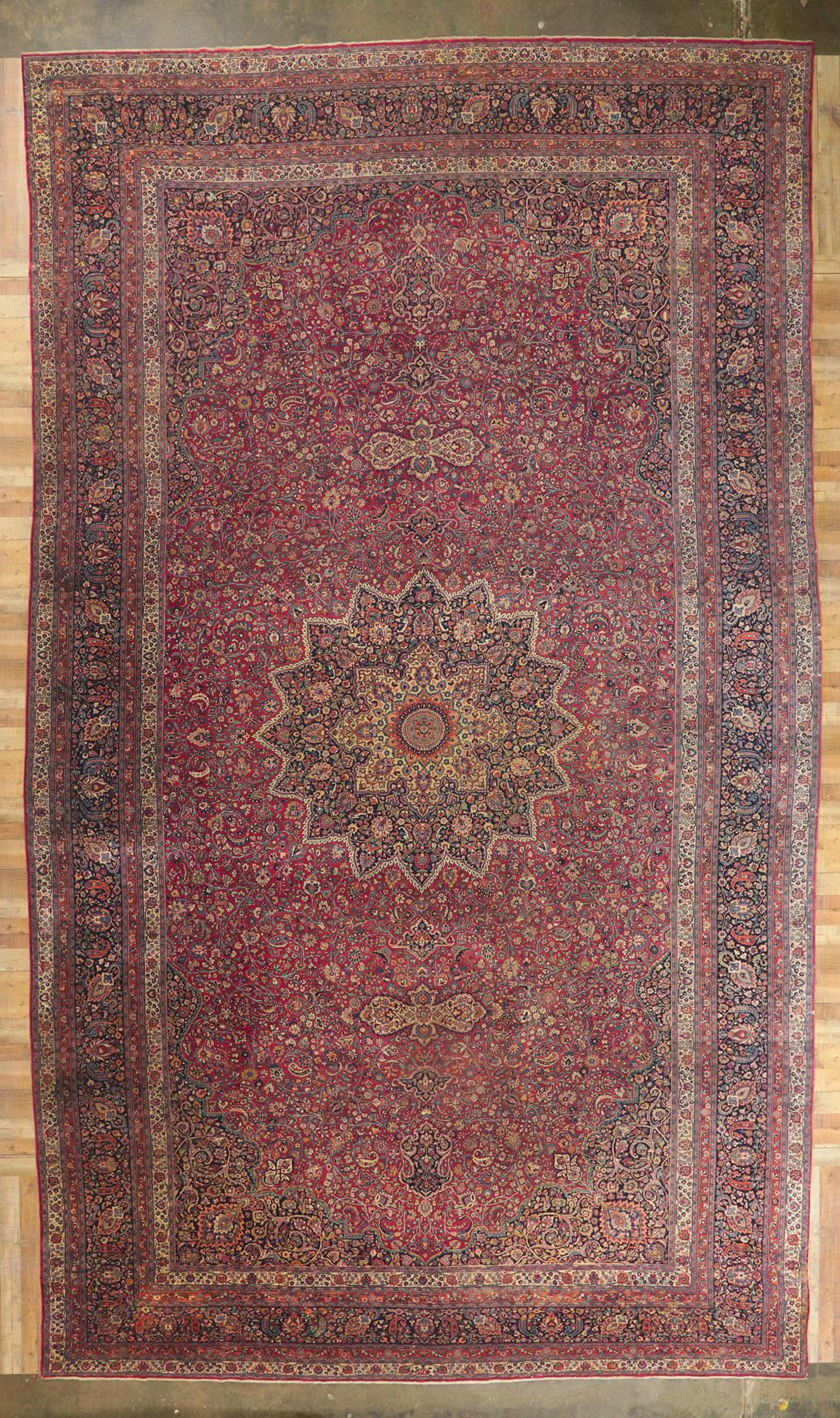 Antique Persian Mashhad Rug Hotel Lobby Size Carpet In Good Condition For Sale In Dallas, TX