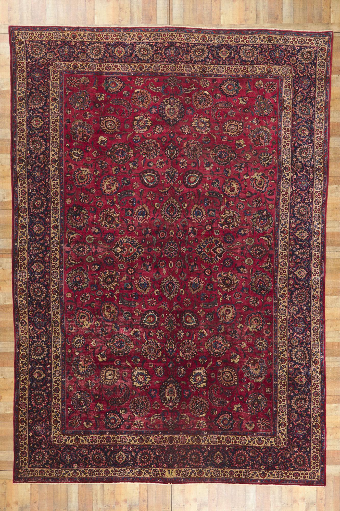 Antique Persian Mashhad Rug Hotel Lobby Size Carpet In Good Condition For Sale In Dallas, TX