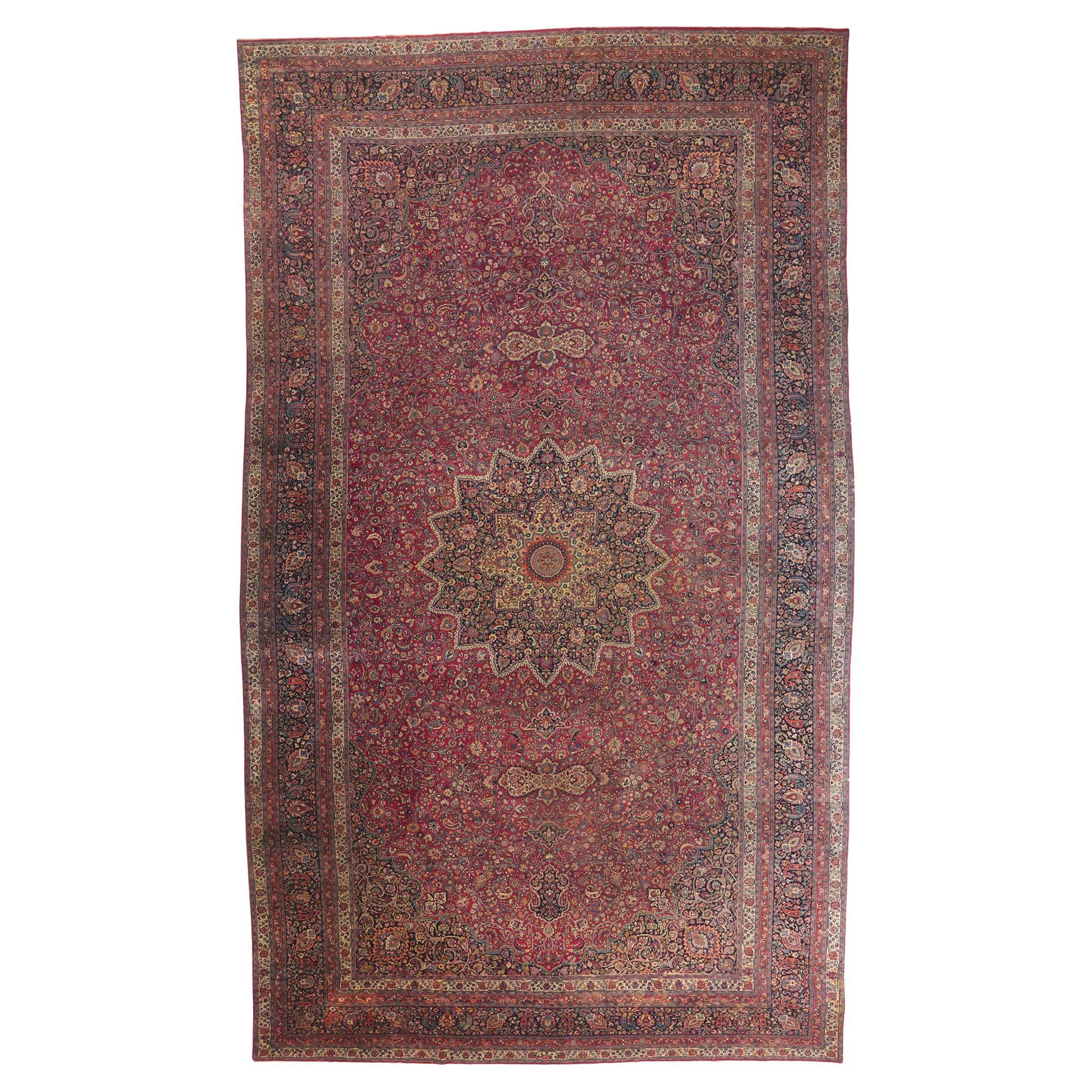 Antique Persian Mashhad Rug Hotel Lobby Size Carpet For Sale