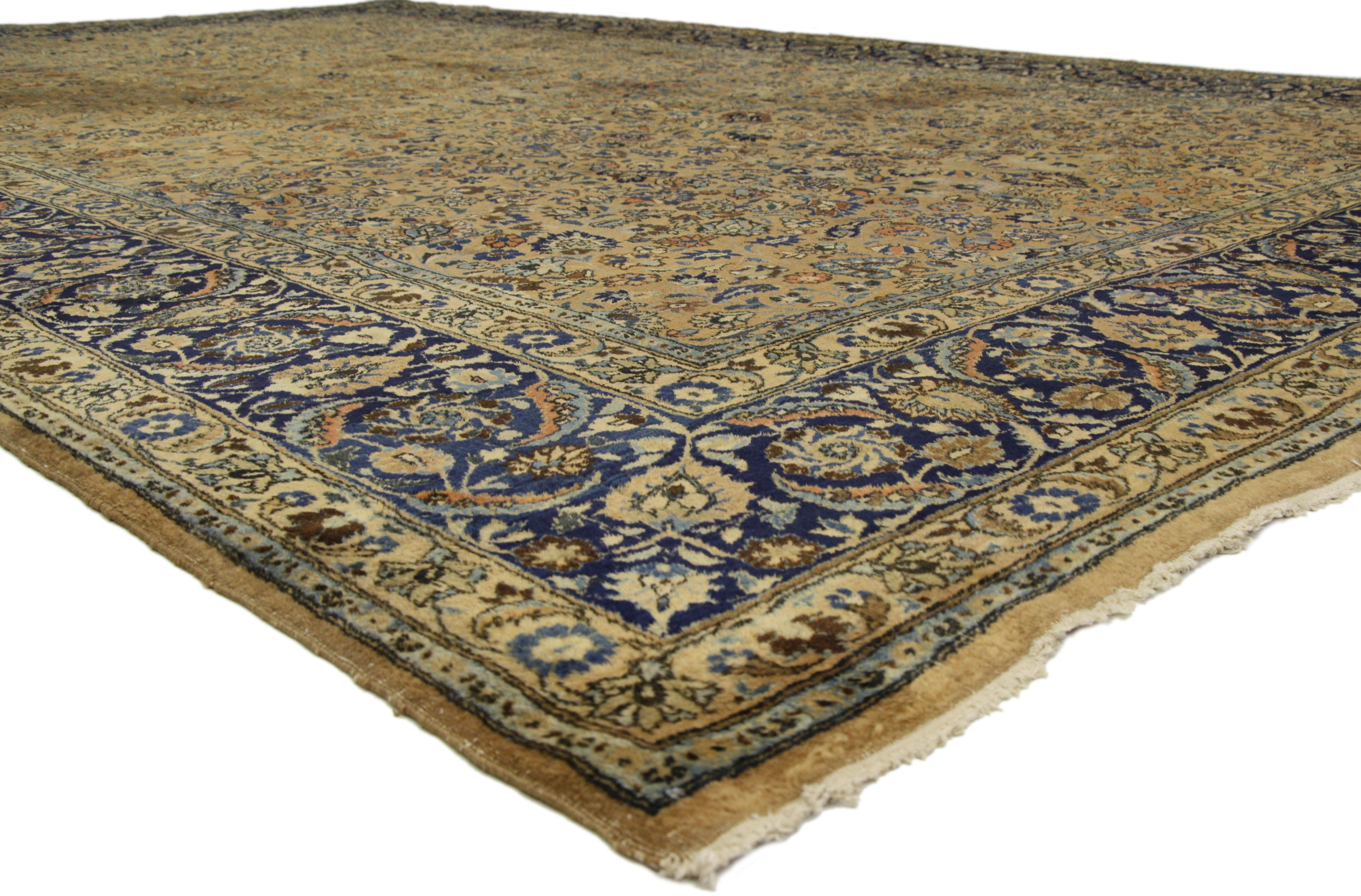 72834 Antique Persian Mashhad Rug with Art Nouveau Style. An excellent representation of Persian culture and skilled craftsmanship, this captivating Persian Mashhad rug exhibits impeccable quality and old world sophistication in a beautiful color