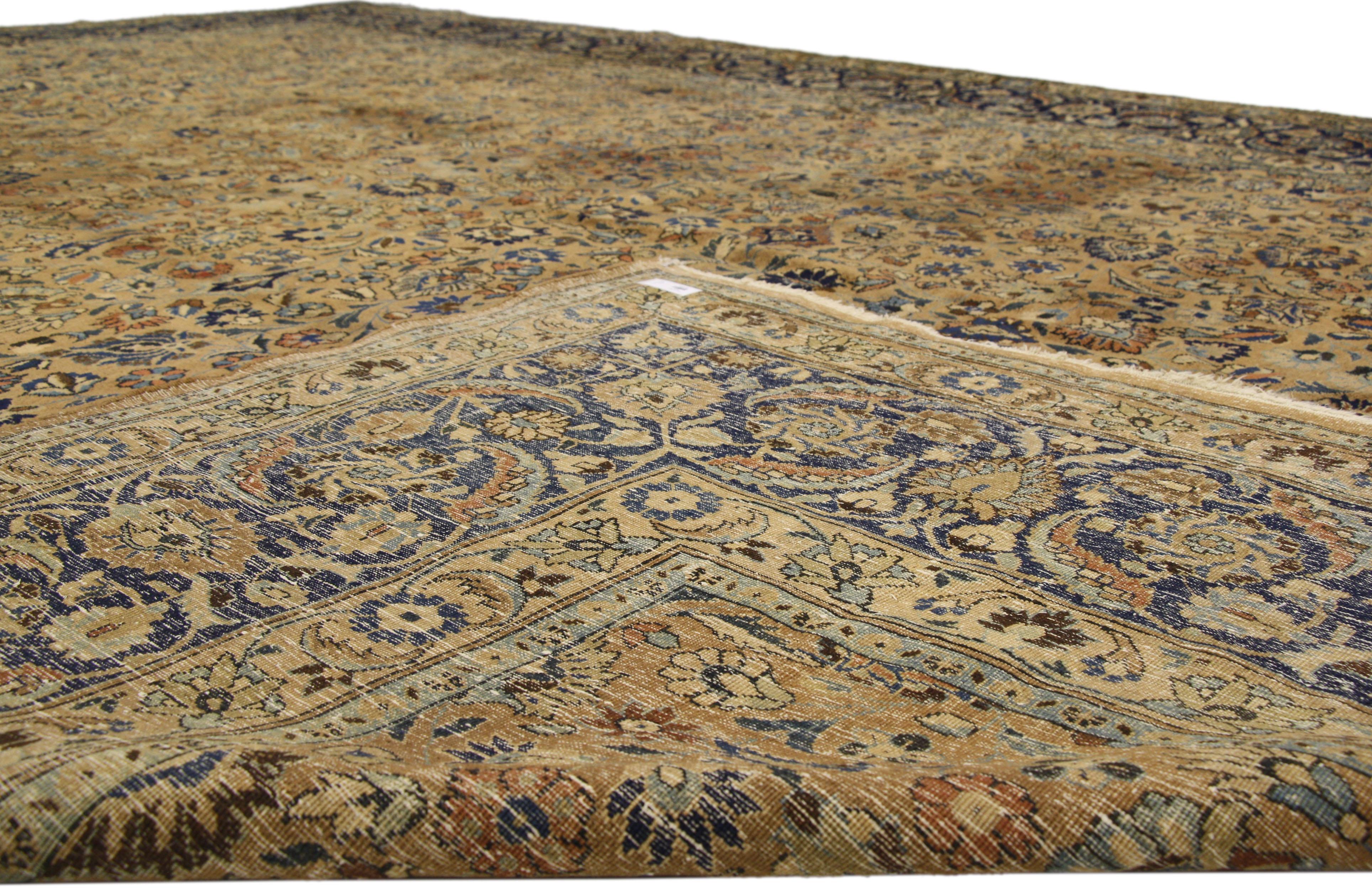 Wool Antique Persian Mashhad Rug, Refined Elegance Meets Stately Decadence For Sale