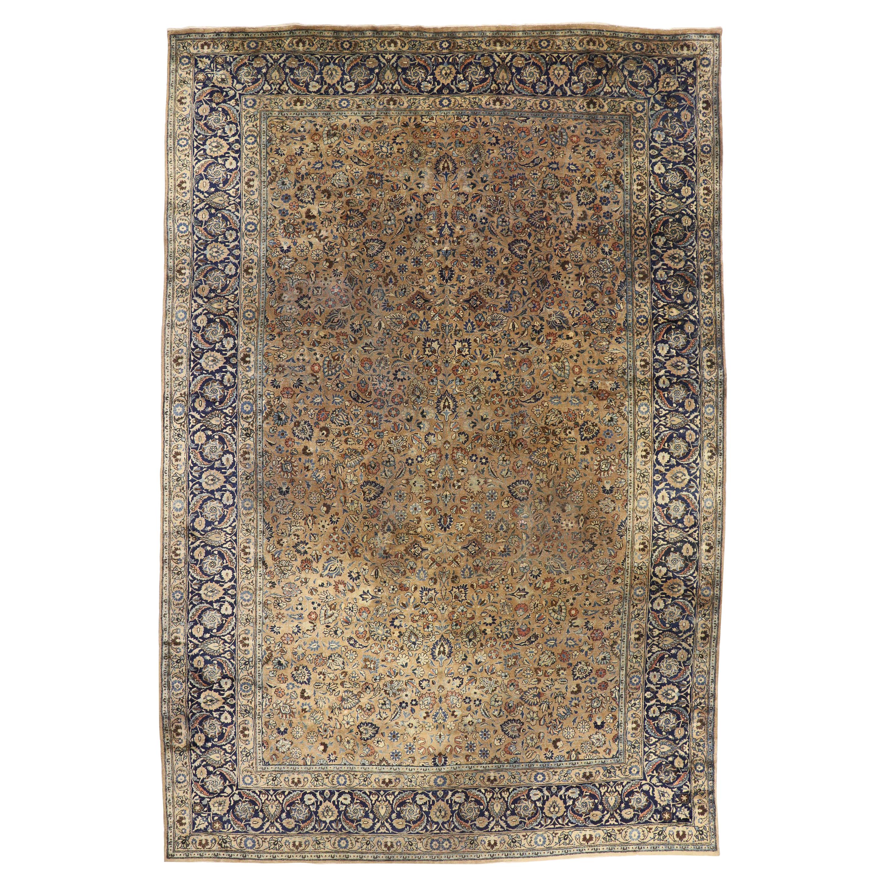 Antique Persian Mashhad Rug, Refined Elegance Meets Stately Decadence For Sale