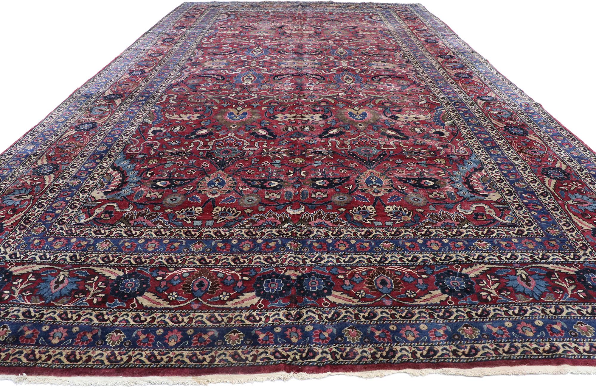 Tabriz Antique Persian Mashhad Rug with Rustic Victorian Style For Sale
