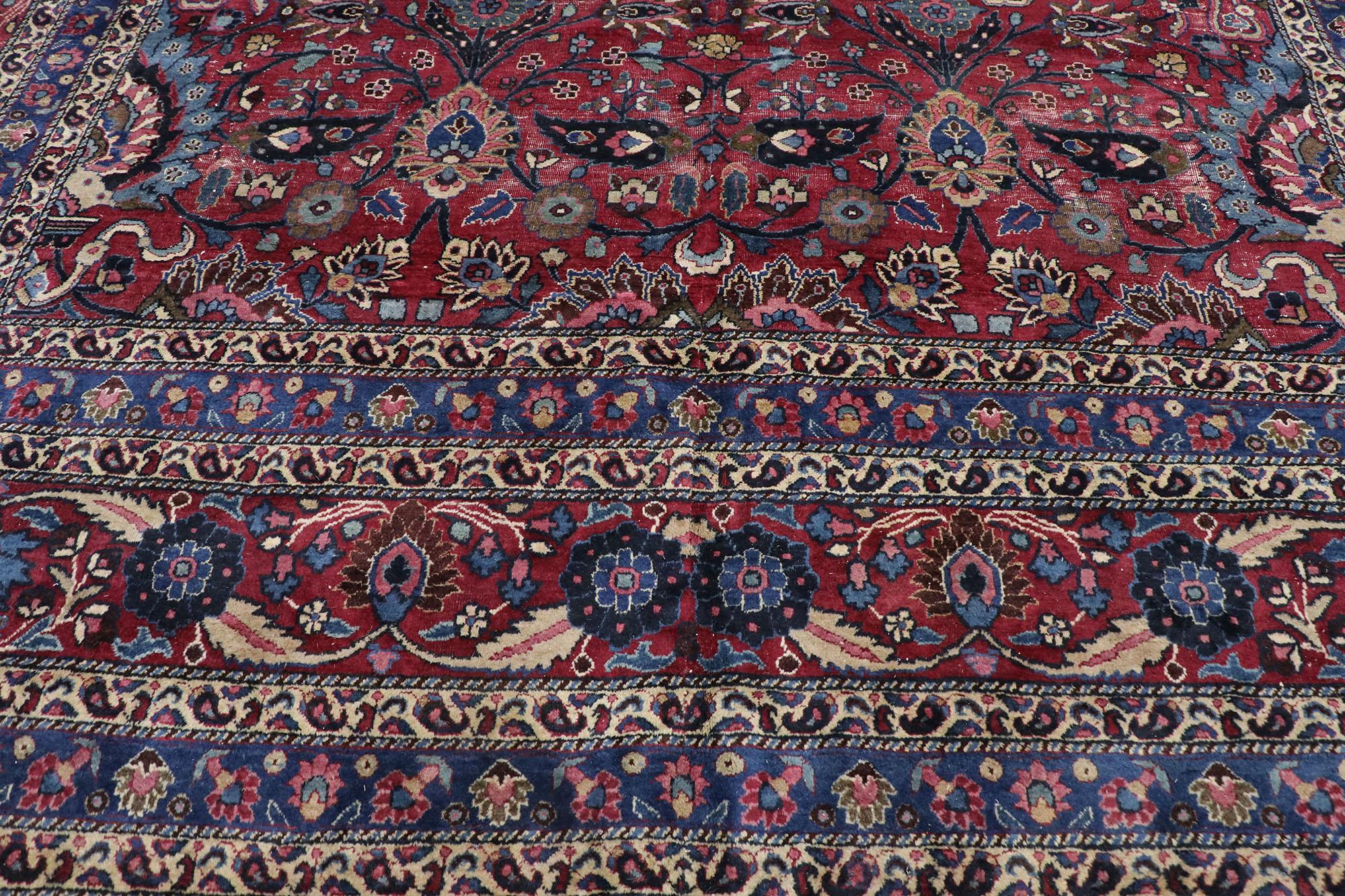 Hand-Knotted Antique Persian Mashhad Rug with Rustic Victorian Style For Sale