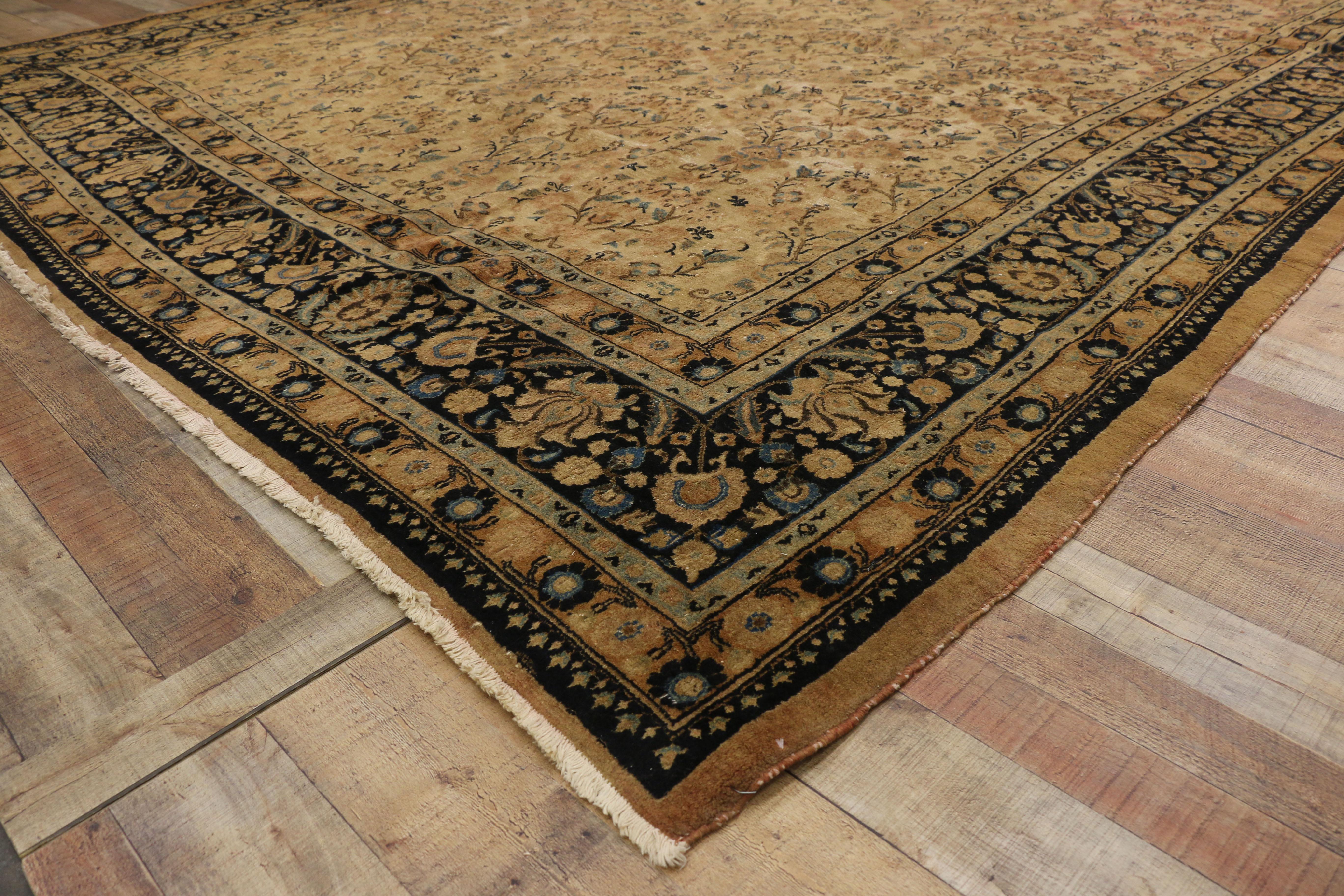 Hand-Knotted Antique Persian Mashhad Rug with Shabby Chic Rustic European Cottage Style For Sale