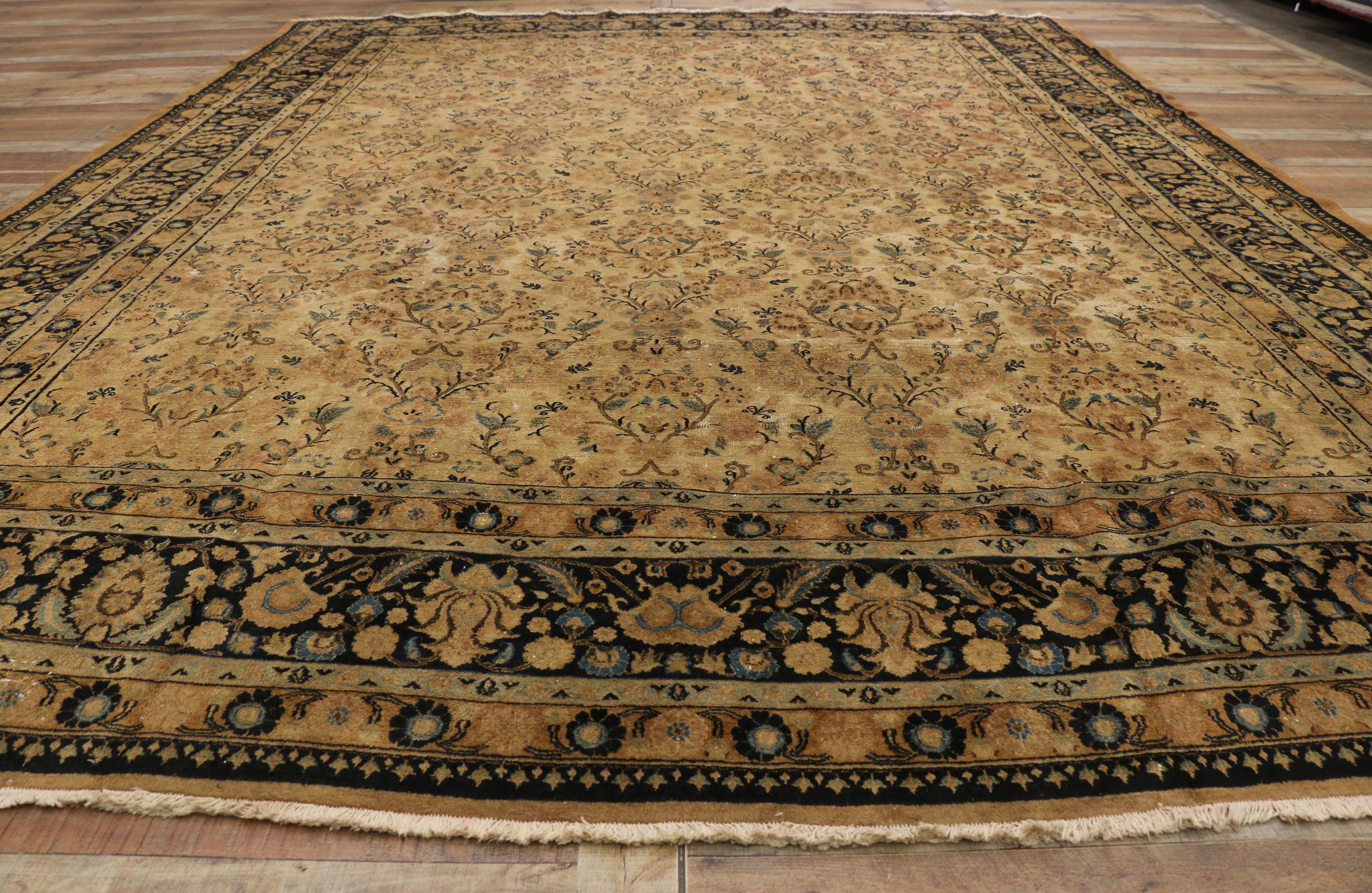 Antique Persian Mashhad Rug with Shabby Chic Rustic European Cottage Style In Distressed Condition For Sale In Dallas, TX
