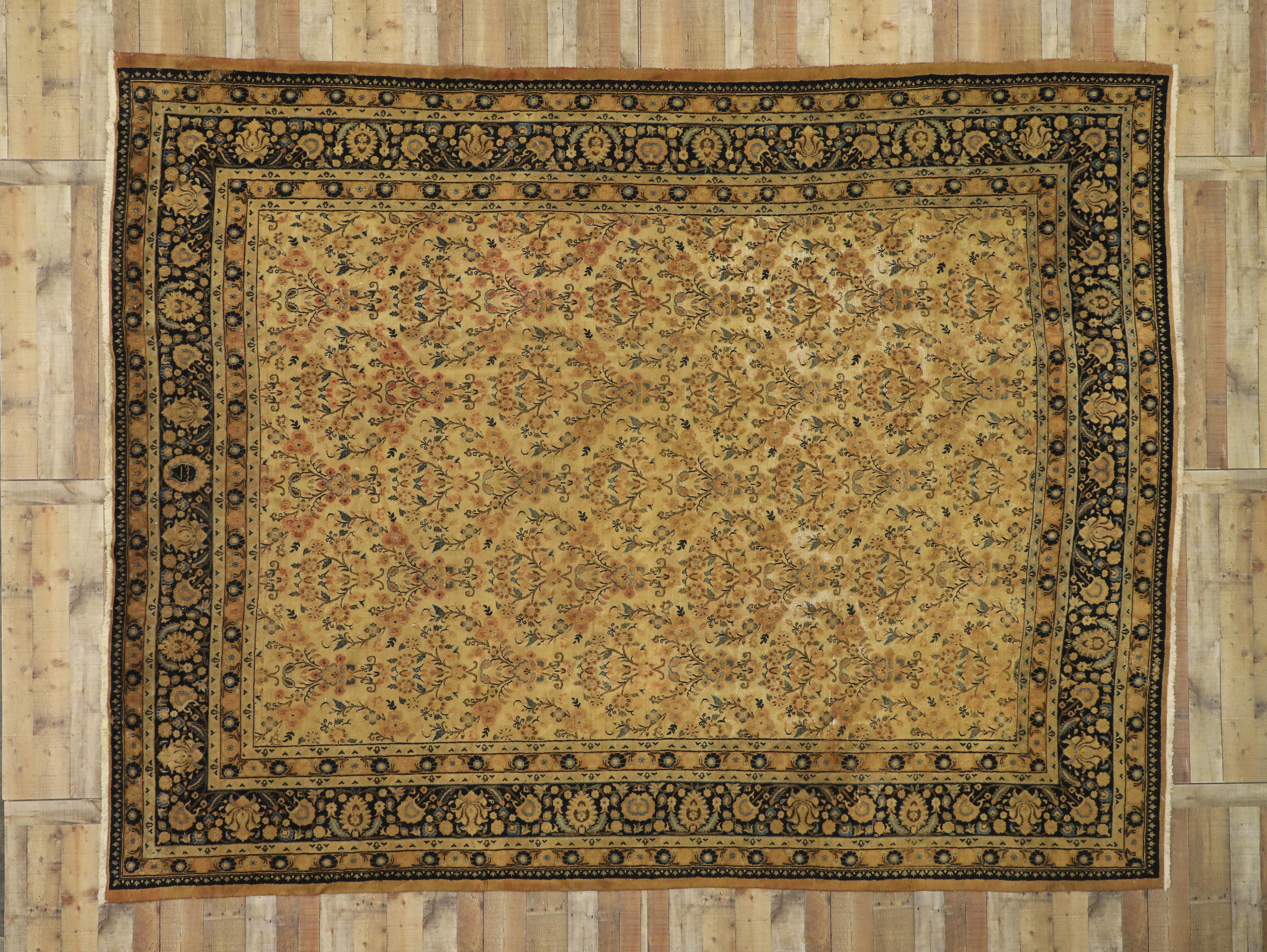 20th Century Antique Persian Mashhad Rug with Shabby Chic Rustic European Cottage Style For Sale