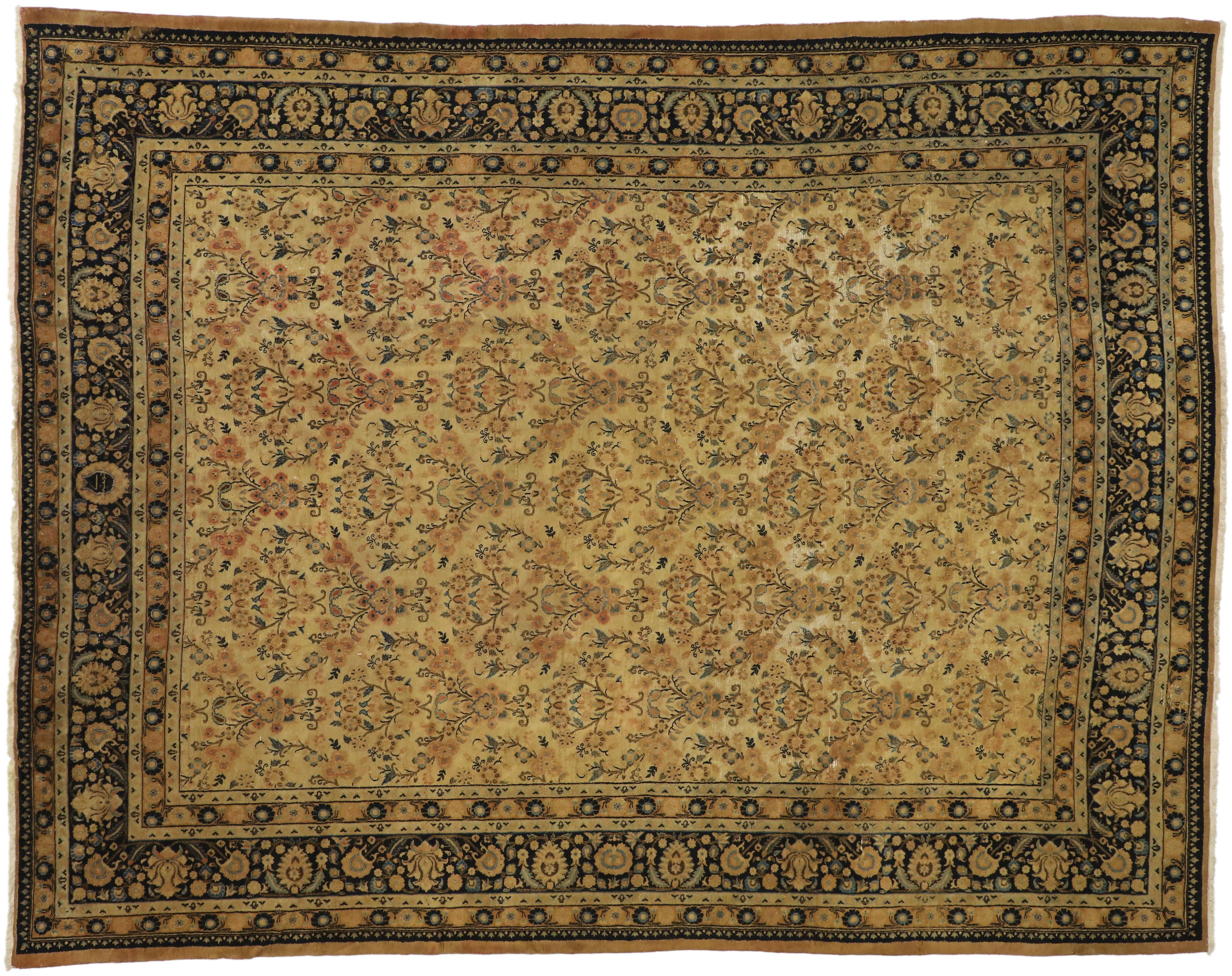 Wool Antique Persian Mashhad Rug with Shabby Chic Rustic European Cottage Style For Sale