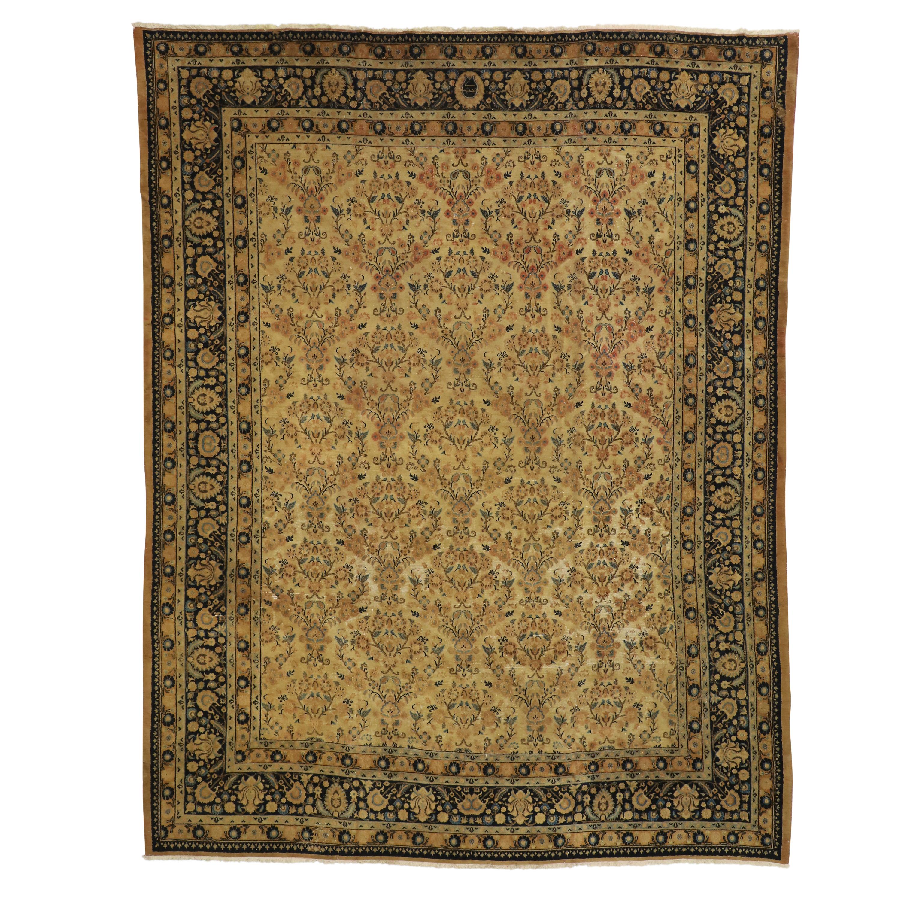 Antique Persian Mashhad Rug with Shabby Chic Rustic European Cottage Style