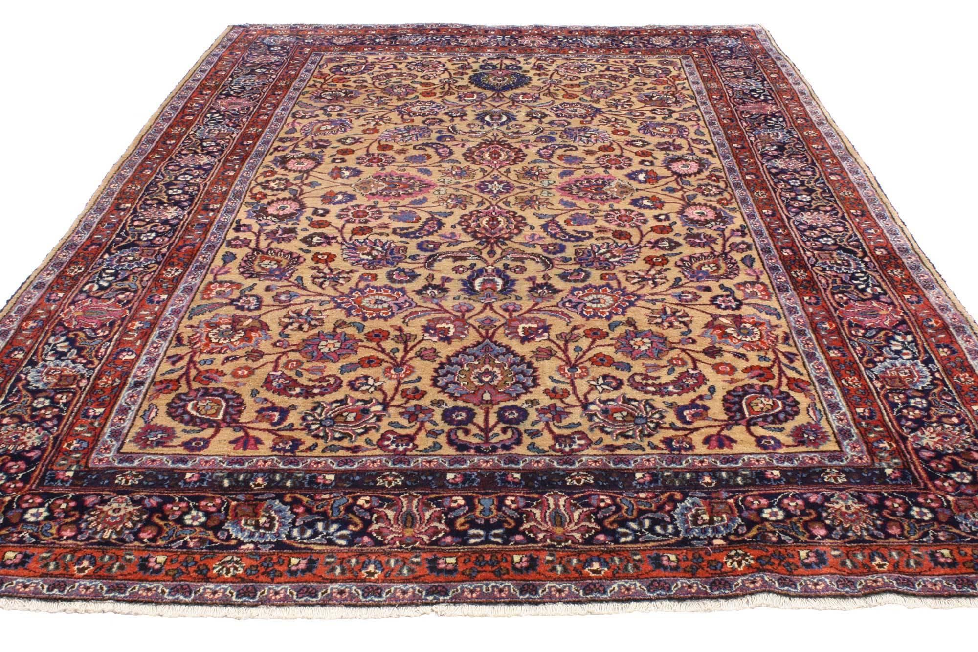 76808 Antique Persian Mashhad Rug with Traditional Style 06'09 x 10'04. With its ornate floral detailing and rich colors, this hand-knotted wool antique Persian Mashhad rug displays timeless elegance and regal charm. An all-over Herati pattern