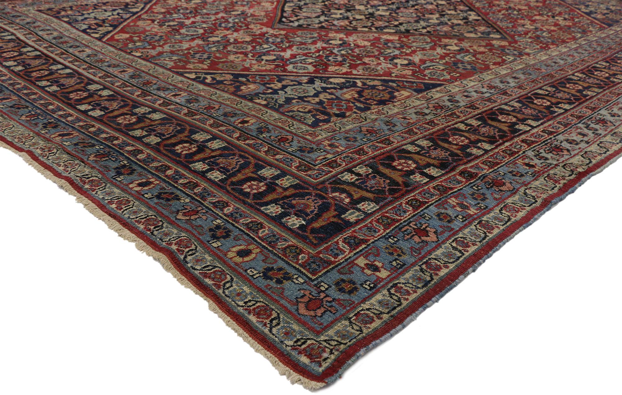 71963 Antique Persian Mashhad Rug, 09'05 X 12'04. Originating from the northeastern city of Mashhad in Iran, Mashhad rugs epitomize the pinnacle of artistry and craftsmanship. These revered masterpieces are renowned for their meticulous designs and