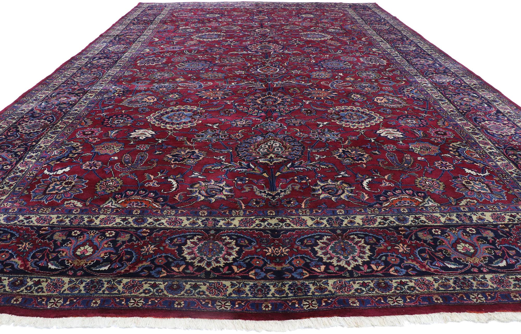 Hand-Knotted Antique Persian Mashhad Rug with Victorian Elizabethan Style For Sale