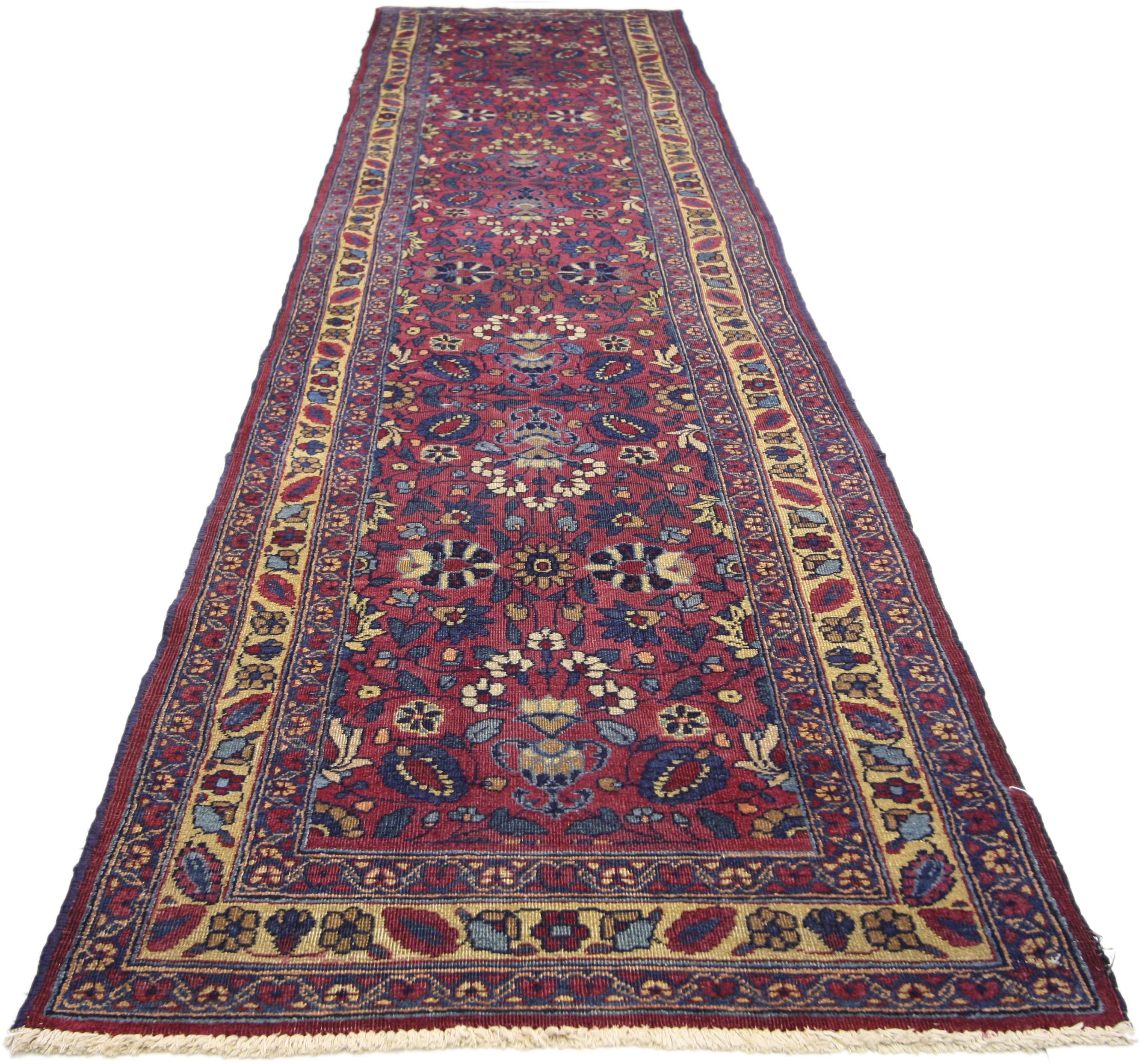 Arts and Crafts Antique Persian Mashhad Runner, Traditional Hallway Runner For Sale