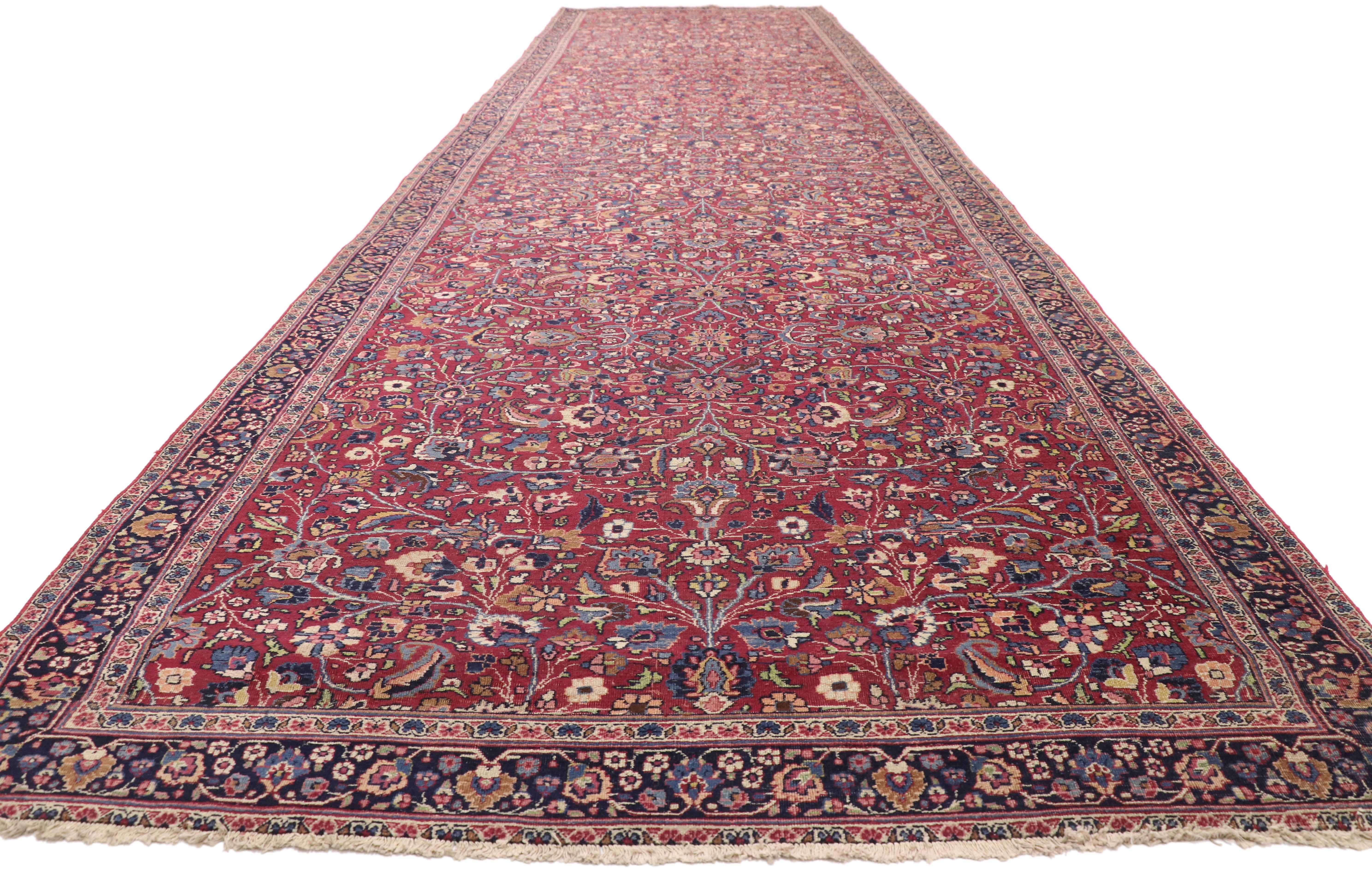 Hand-Knotted Antique Persian Mashhad Runner with Old World Style, Extra Long Hallway Runner For Sale