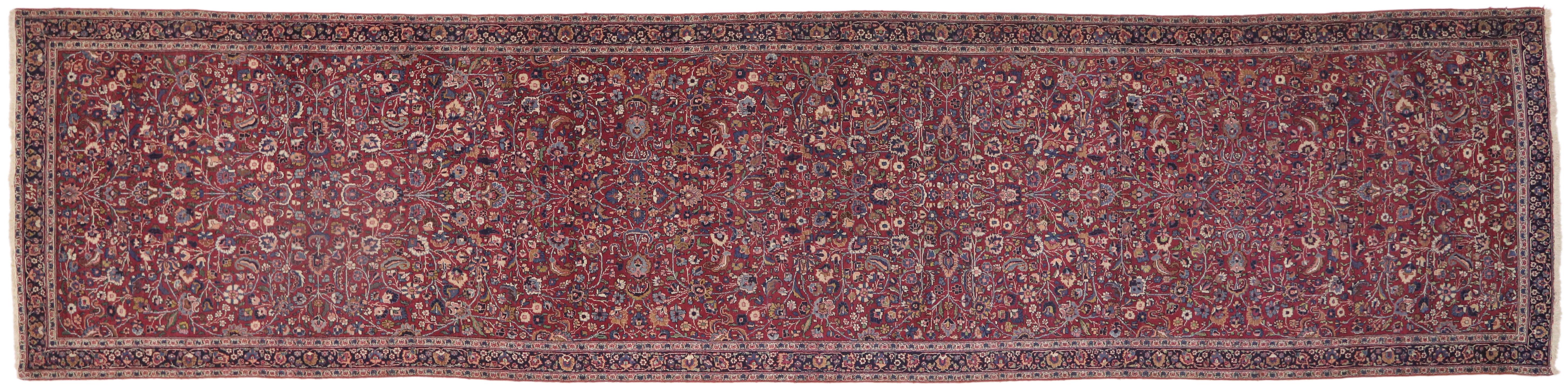 Antique Persian Mashhad Runner with Old World Style, Extra-Long Hallway Runner For Sale 3