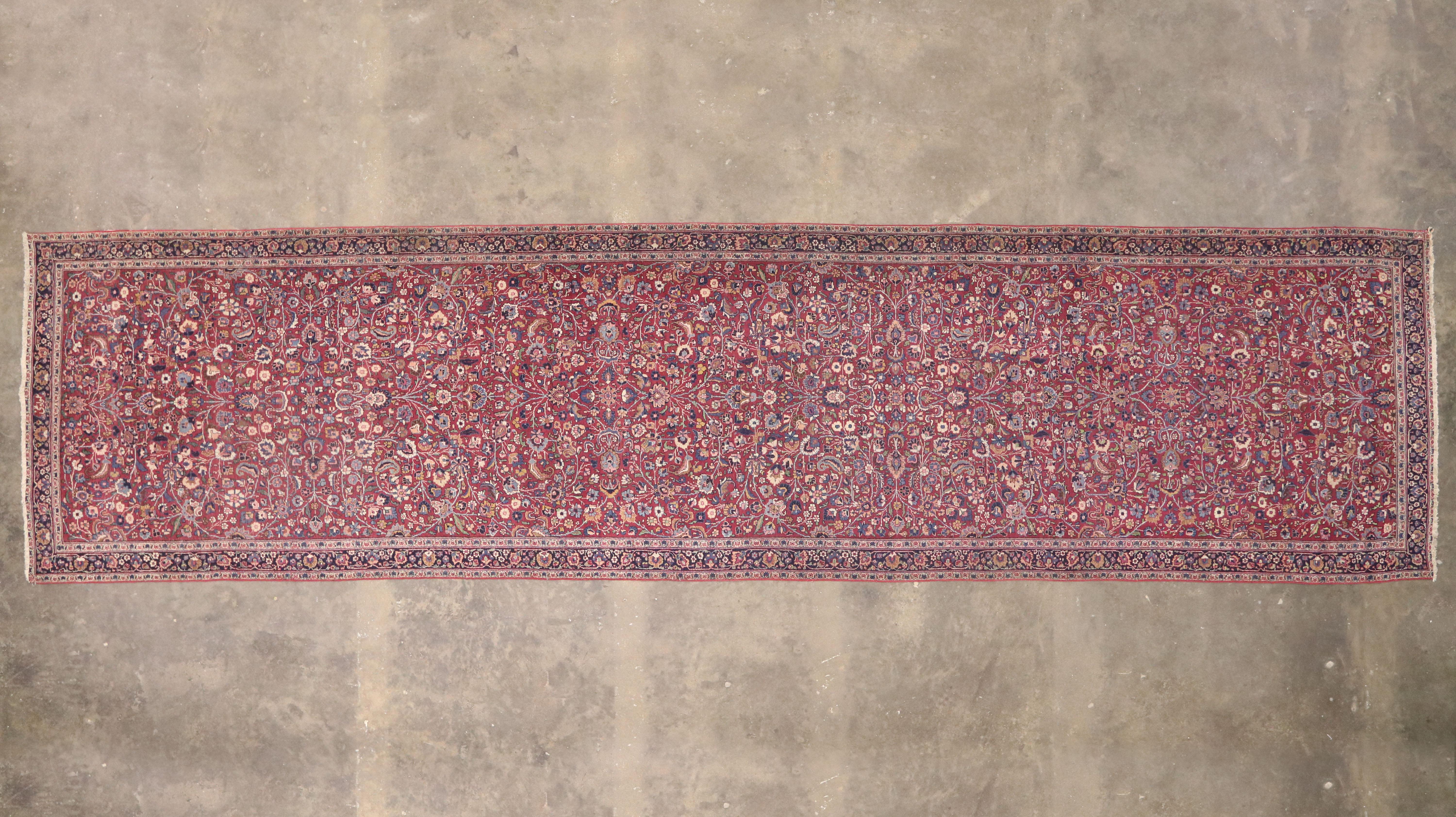 Antique Persian Mashhad Runner with Old World Style, Extra Long Hallway Runner For Sale 2