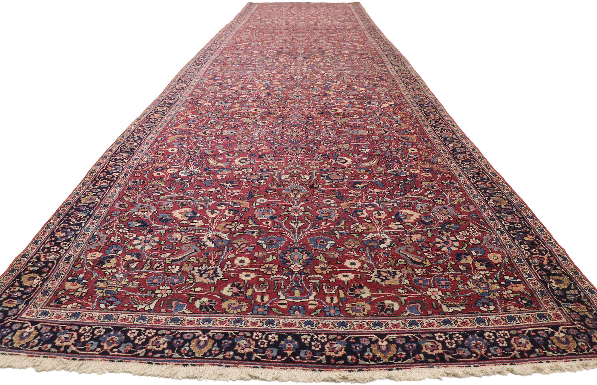 Hand-Knotted Antique Persian Mashhad Runner with Old World Style, Extra-Long Hallway Runner For Sale