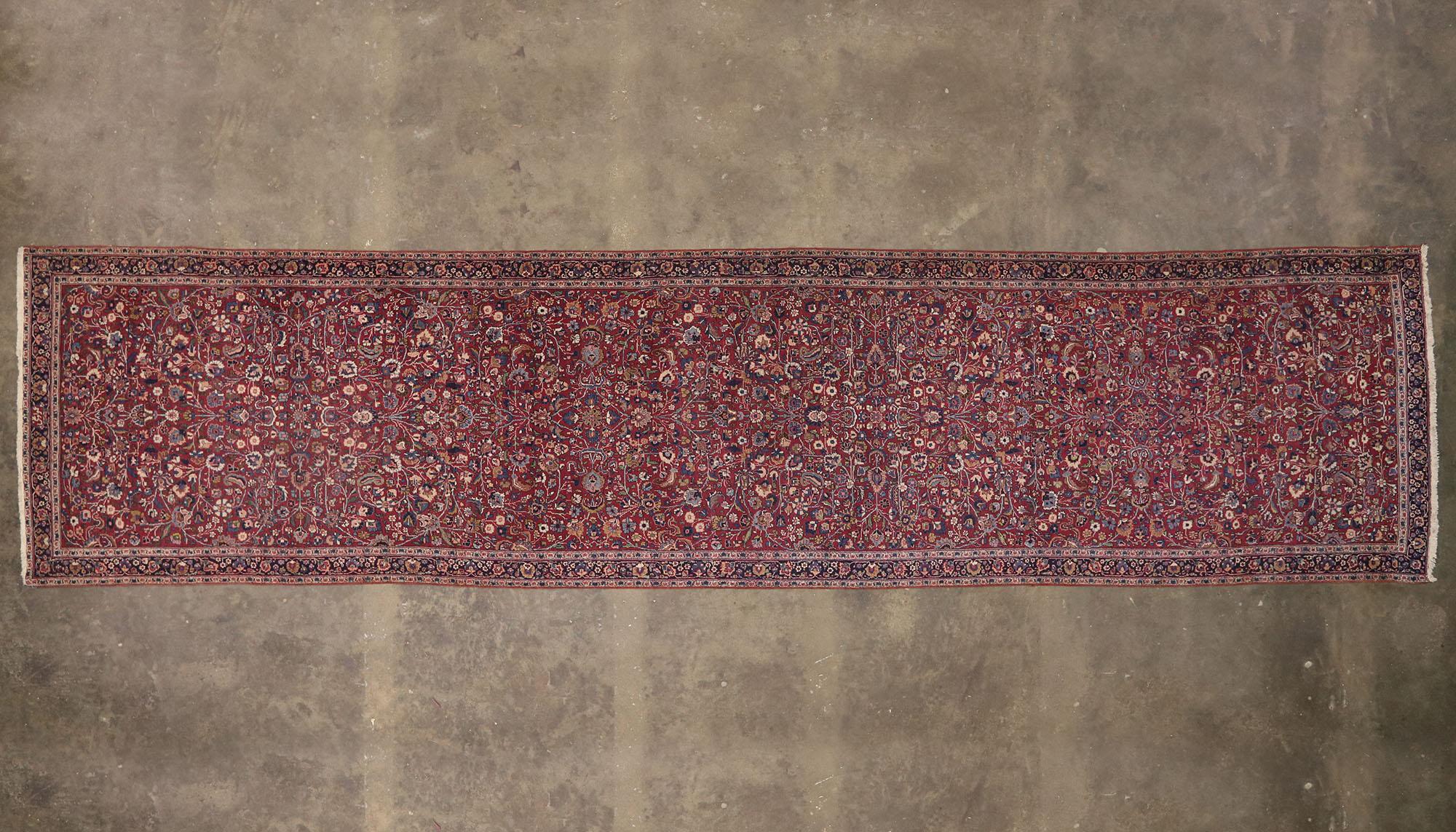 Antique Persian Mashhad Runner with Old World Style, Extra-Long Hallway Runner For Sale 2