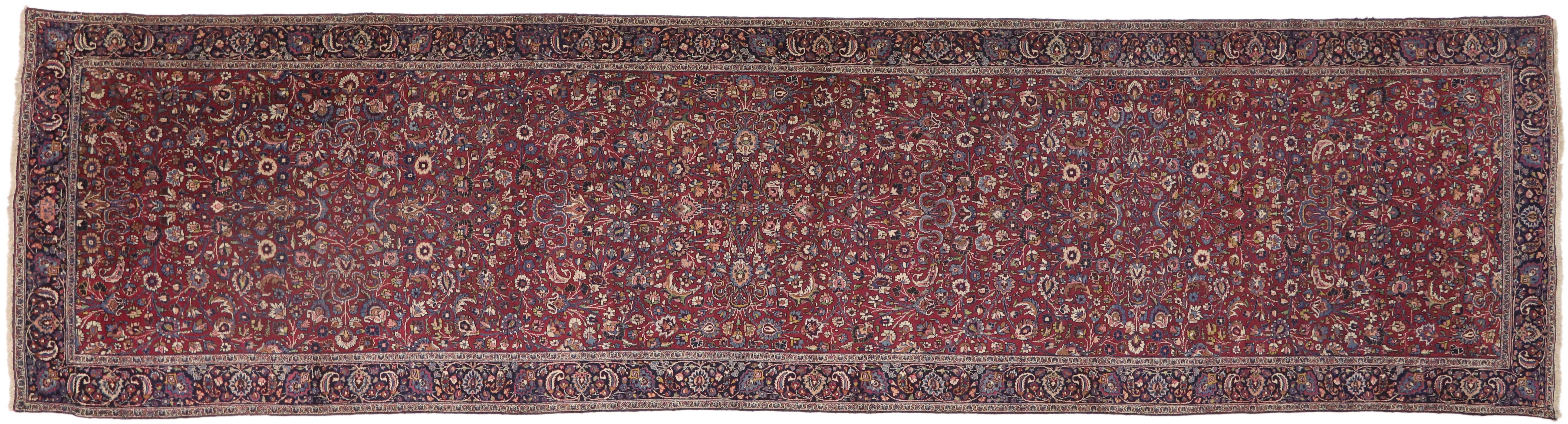 Wool Antique Persian Mashhad Runner with Old World Style, Extra-Long Hallway Runner For Sale
