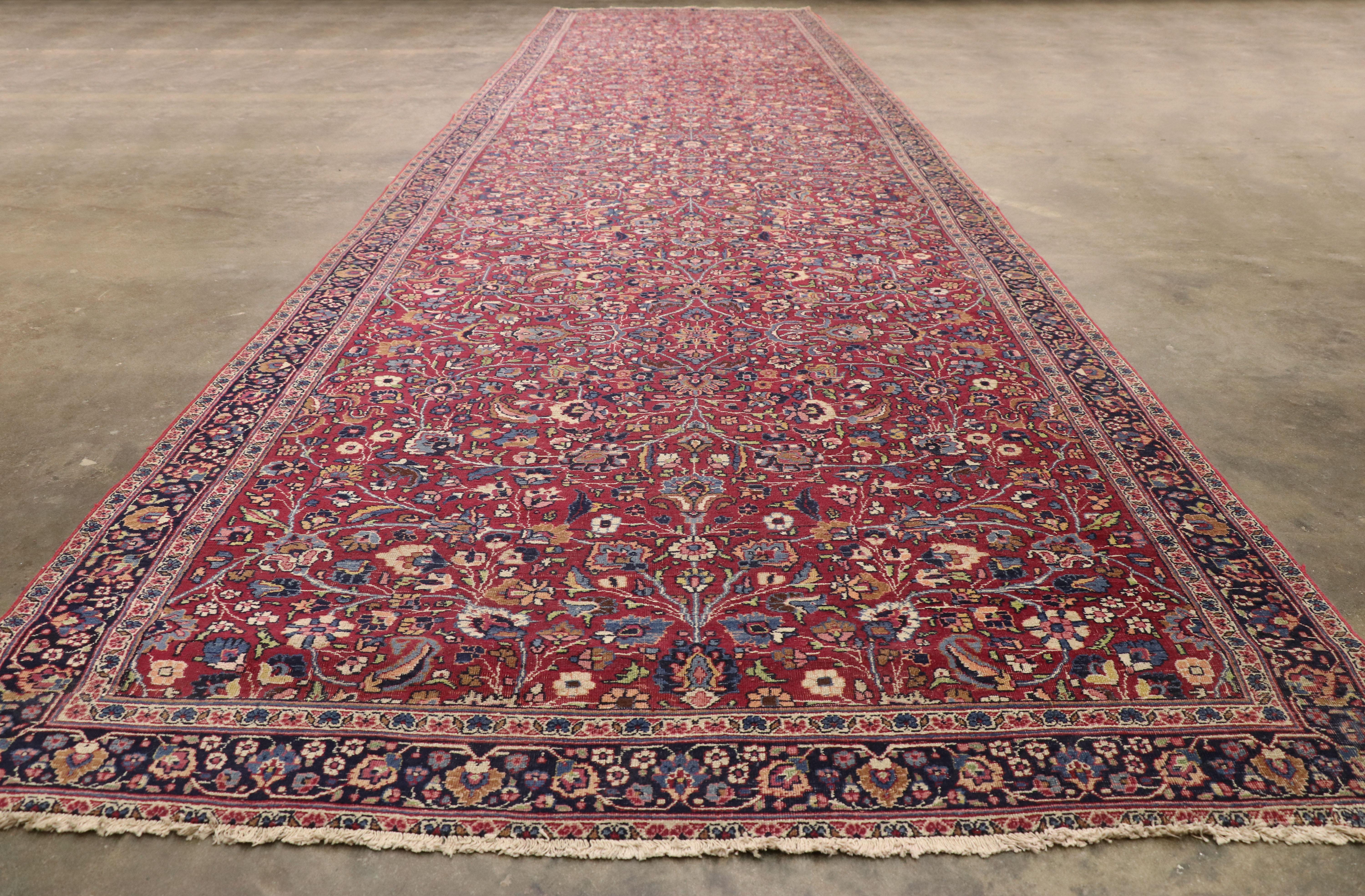 Antique Persian Mashhad Runner with Old World Style, Extra Long Hallway Runner For Sale 1