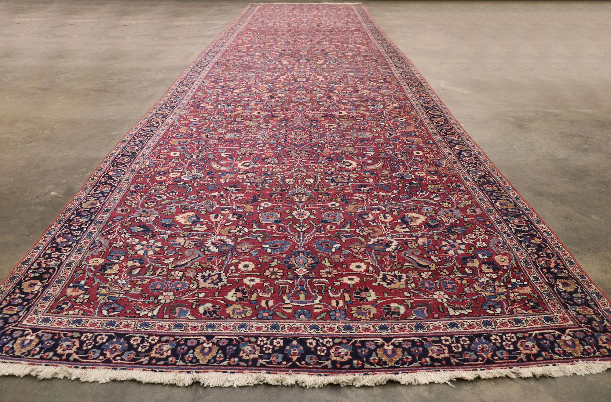 Antique Persian Mashhad Runner with Old World Style, Extra-Long Hallway Runner For Sale 1