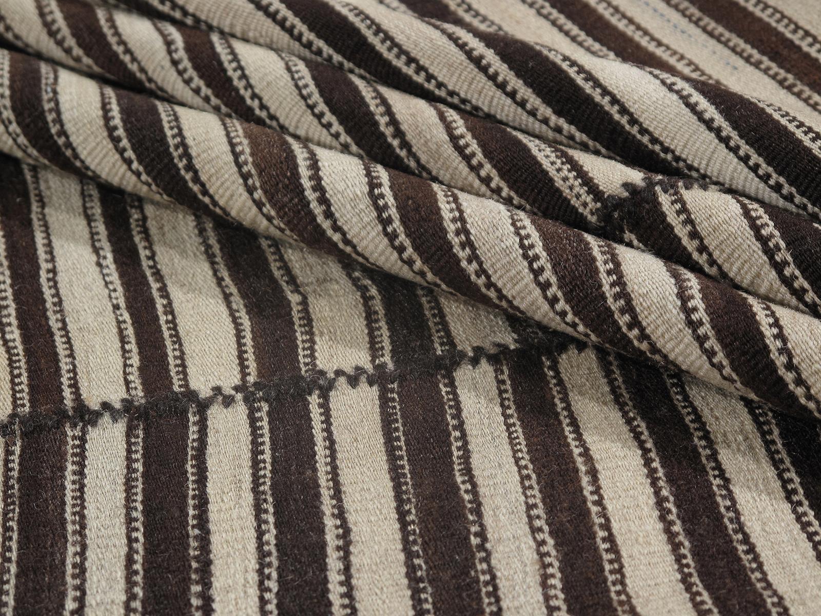 Hand-Woven Antique Persian Mazandaran Handwoven Flatweave Stripe Rug in Black and Beige For Sale