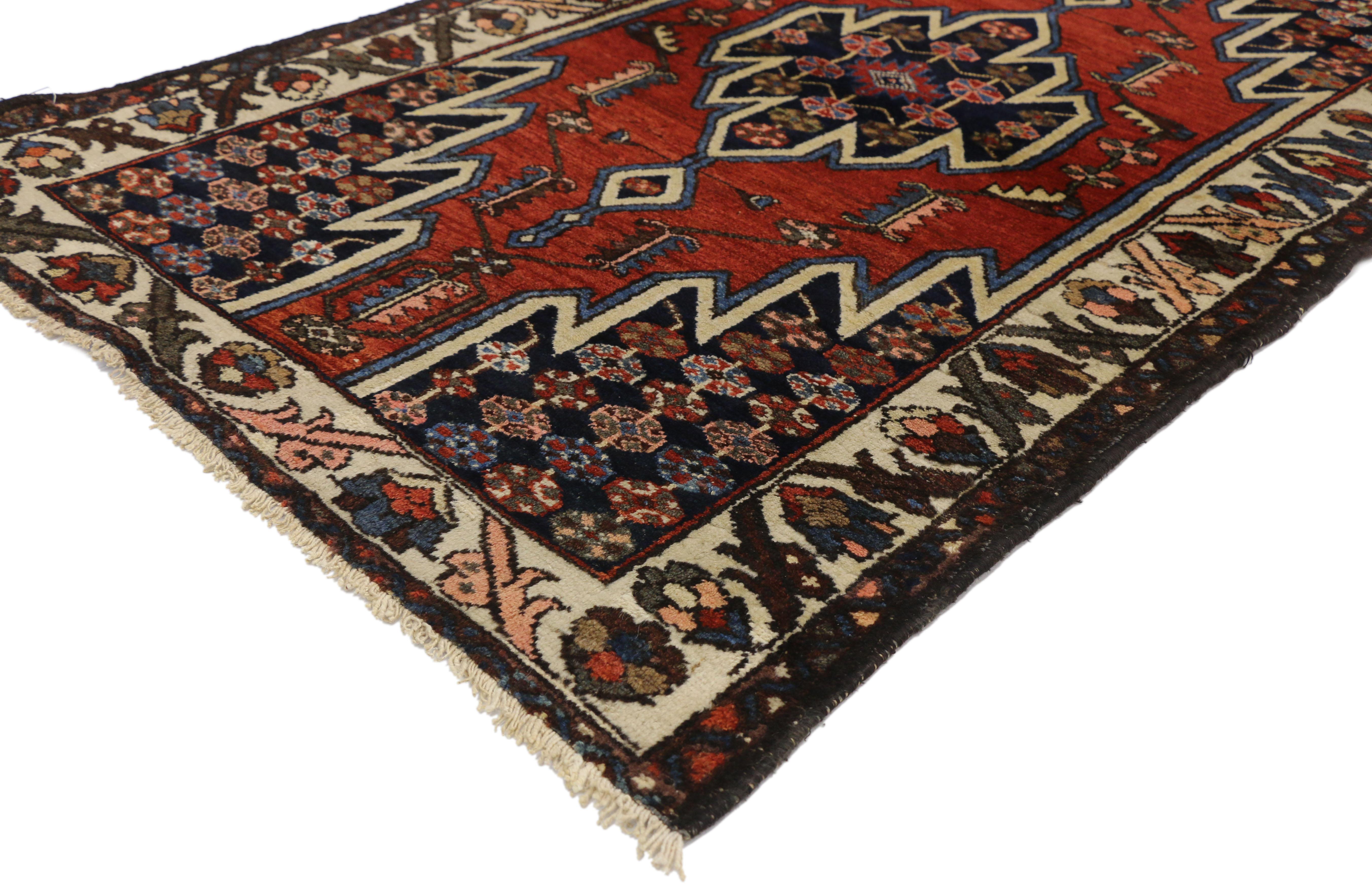 50405 Antique Persian Mazlaghan Hamadan rug with Modern Tribal style. This antique Persian Mazlaghan Hamadan rug with Modern tribal style is characterized by rich colors, bold abstract designs and lavish ornamentation. The smooth texture and tribal