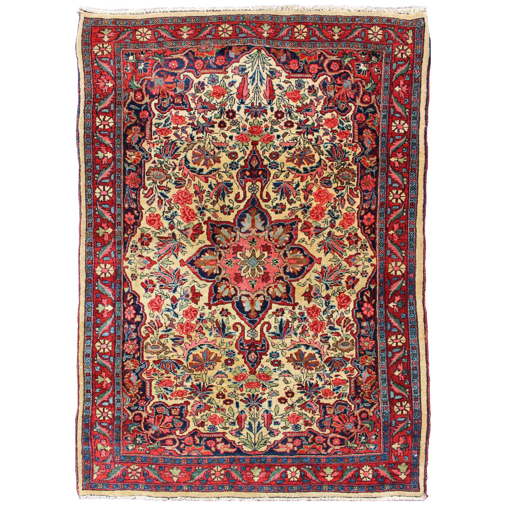 Antique Persian Medallion Bidjar Colorful Rug In Ivory, Navy Blue and Red