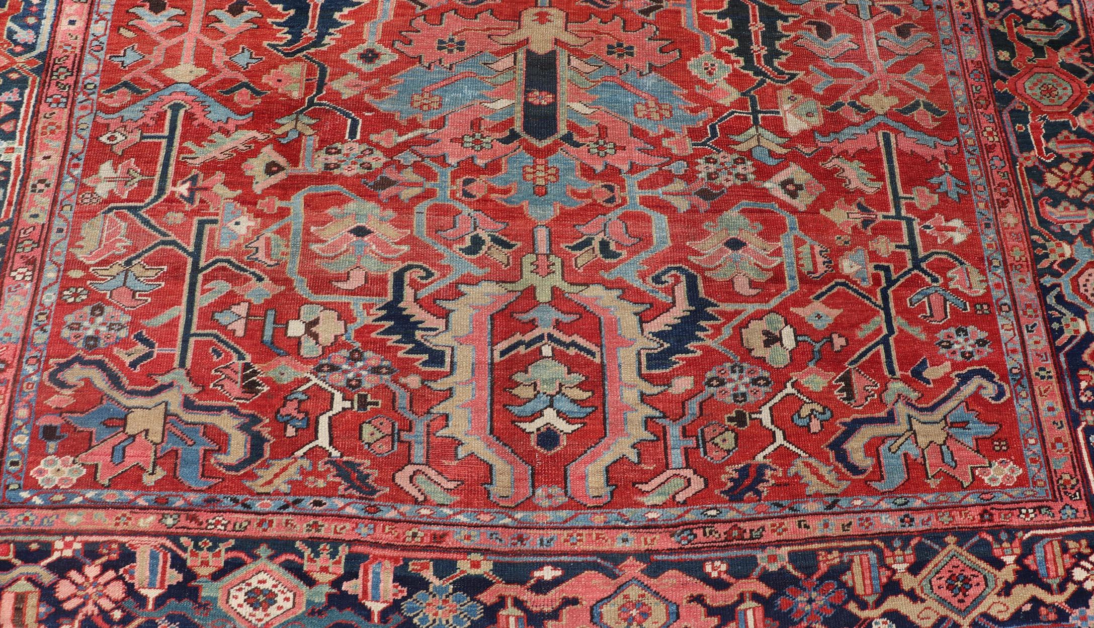 Antique Persian Medallion Serapi Rug With Red Background and Blue Border For Sale 3