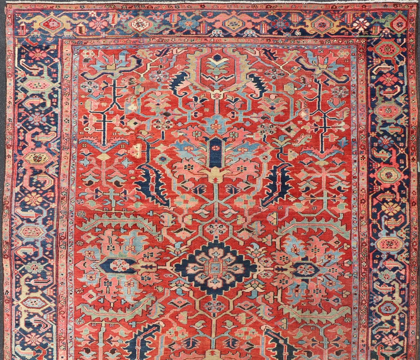 Antique Persian Medallion Serapi Rug With Red Background and Blue Border For Sale 5
