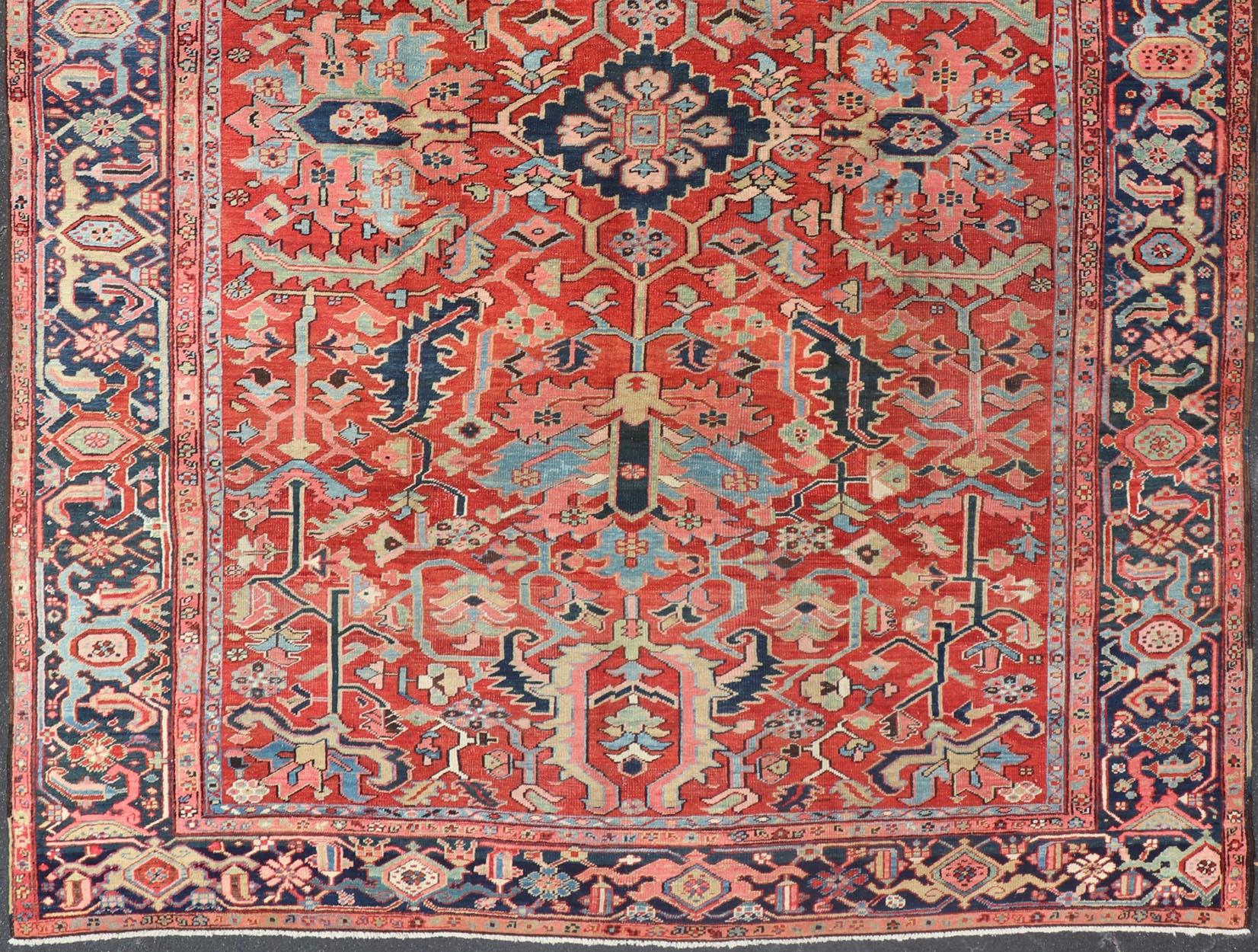 Antique Persian Medallion Serapi Rug With Red Background and Blue Border For Sale 7