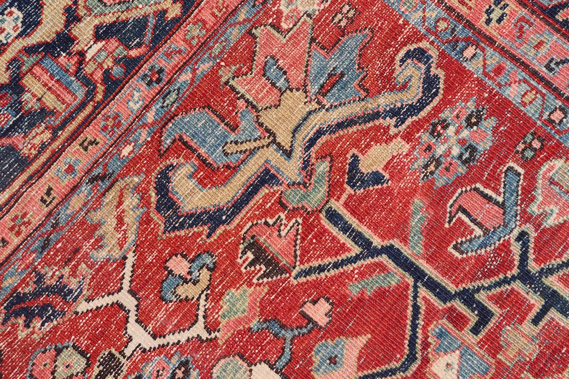 Antique Persian Medallion Serapi Rug With Red Background and Blue Border For Sale 9