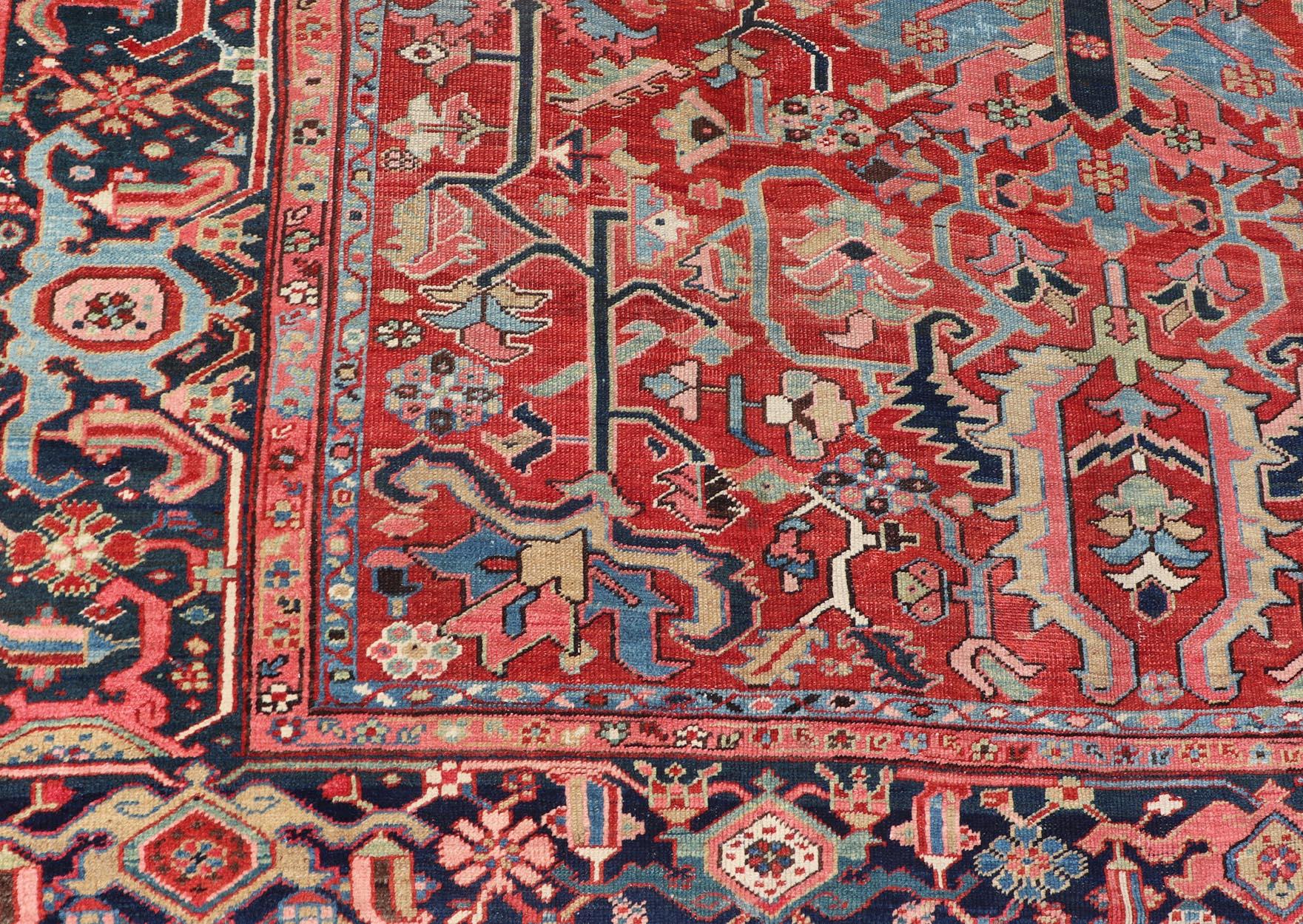 Antique Persian Medallion Serapi Rug With Red Background and Blue Border For Sale 2