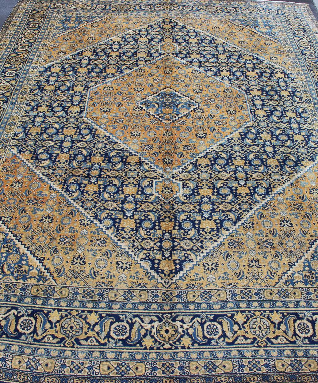 Antique Persian Tabriz Rug with Medallion And A Variety of Blue's and Gold's For Sale 2