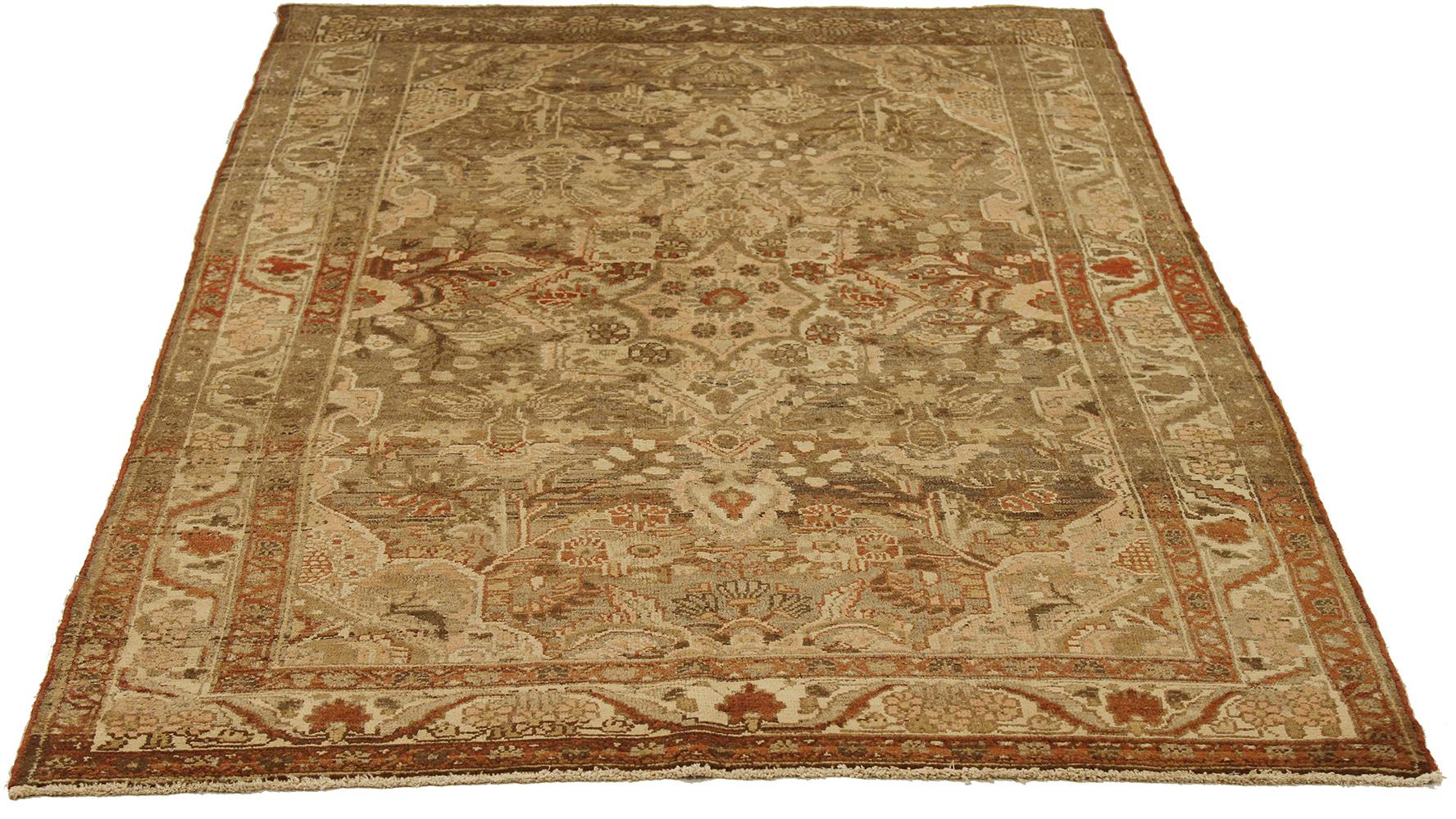 Antique Persian rug handwoven from the finest sheep’s wool and colored with all-natural vegetable dyes that are safe for humans and pets. It’s a traditional Mehraban design featuring a beautiful mix of brown, beige, and gray tribal details on an