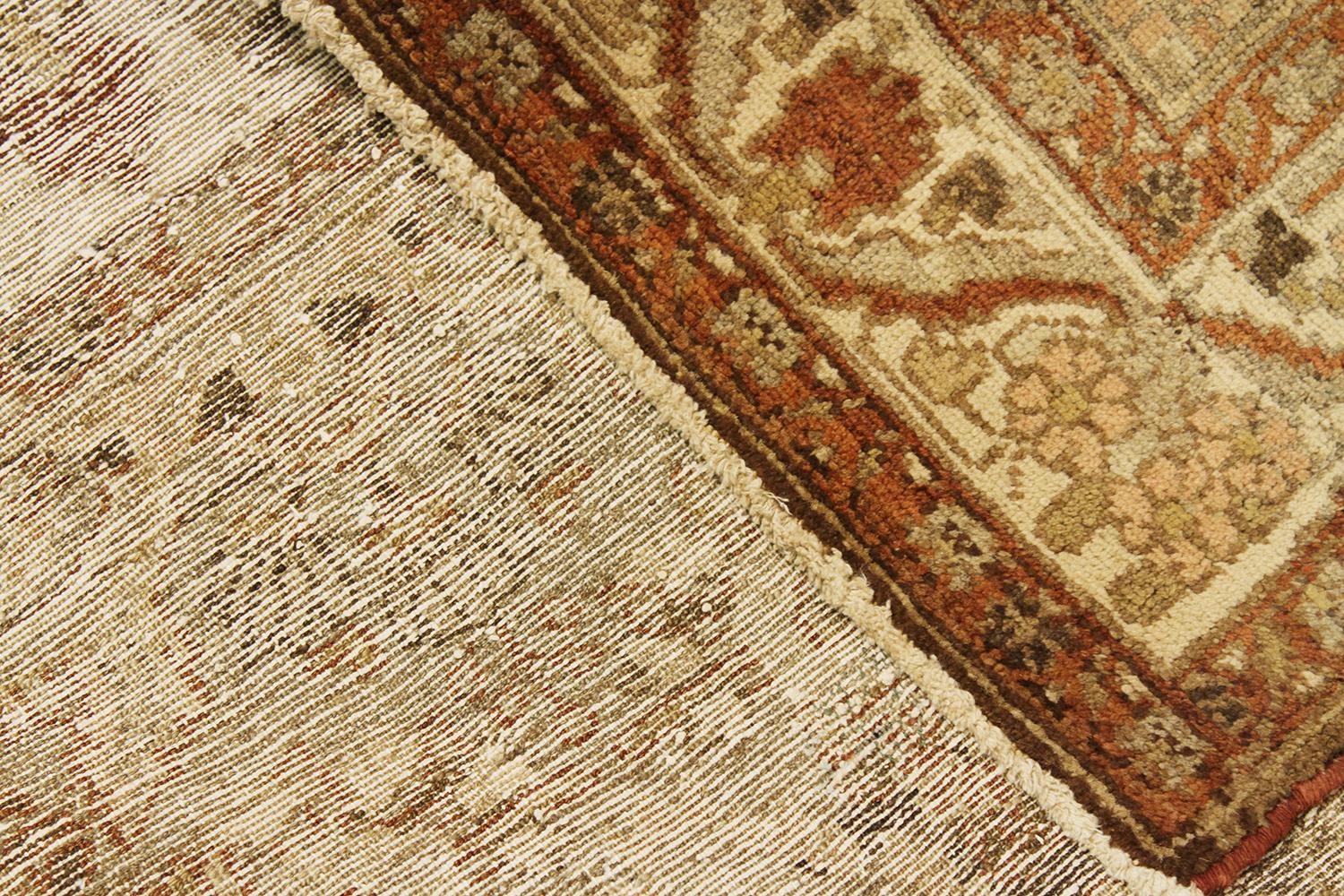 Other Antique Persian Mehraban Rug with Brown & Gray Botanical Details on Ivory Field For Sale