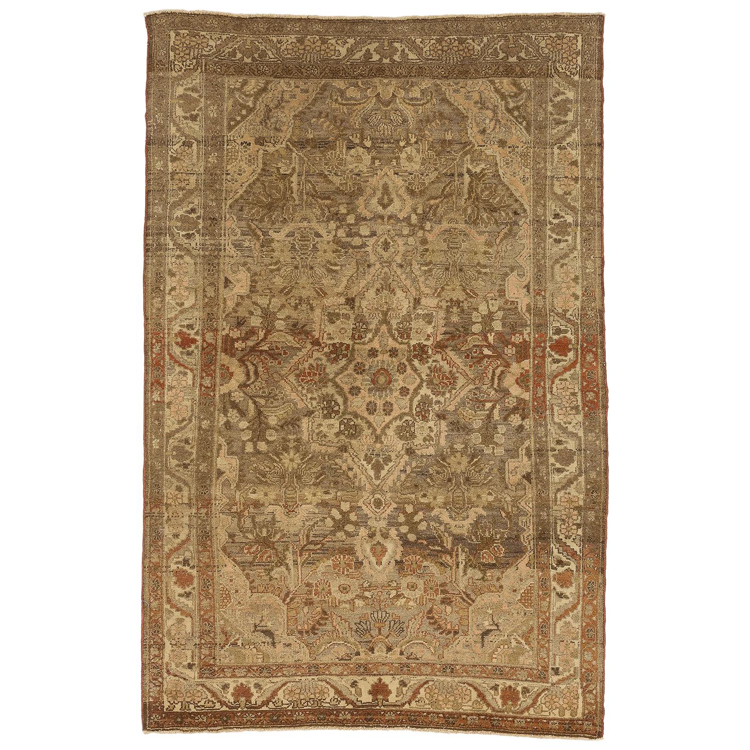 Antique Persian Mehraban Rug with Brown & Gray Botanical Details on Ivory Field For Sale