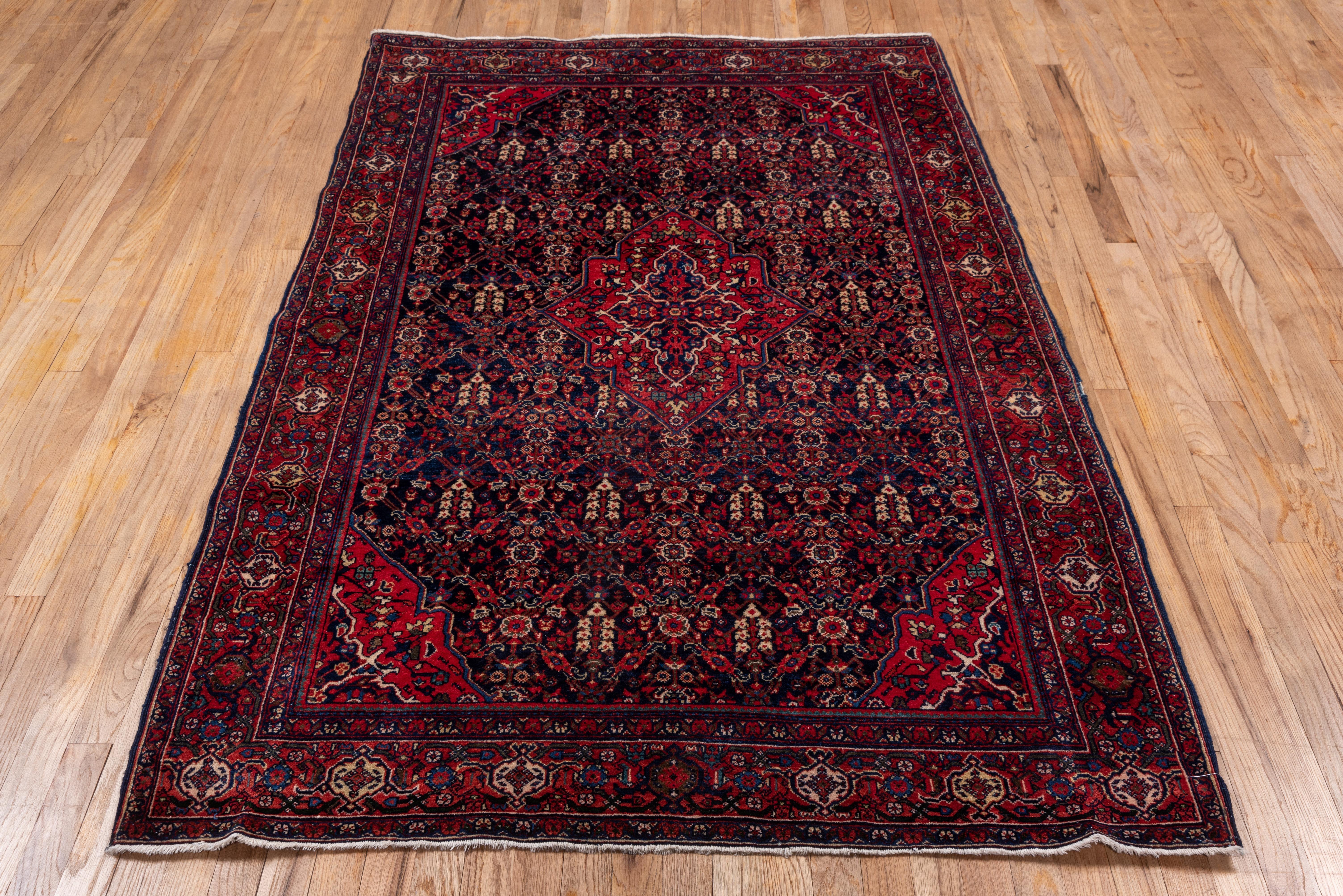 This well-woven west Persian scatter shows a Gol Hennai pattern floriate lattice accented in ivory, red and green, with a red cartouche medallion and matching red quarter corners, on a well-abrashed dark to royal blue ground. Red reversing turtle